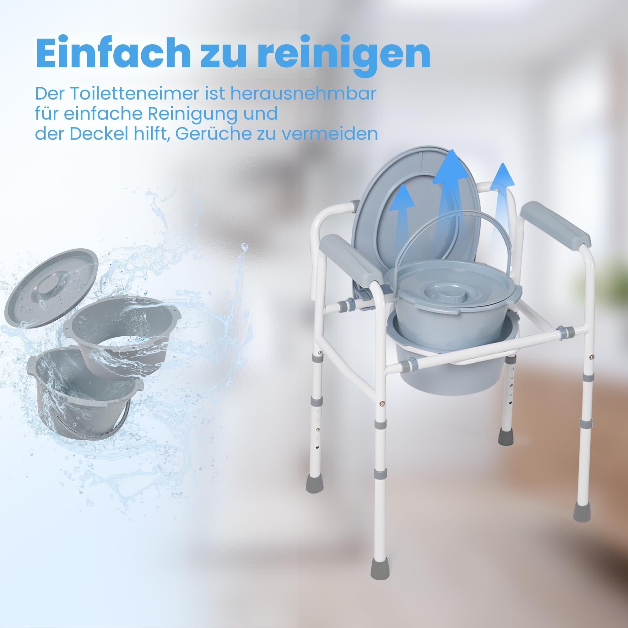 Careboda Toilettenstuhl für Senioren mit Armlehnen, Stählerner Rahmen, 5 Verstellbare Höhen, Tragbar, Belastbarkeit bis 136 kg, 7,1 l Auffangbehälter, Grau