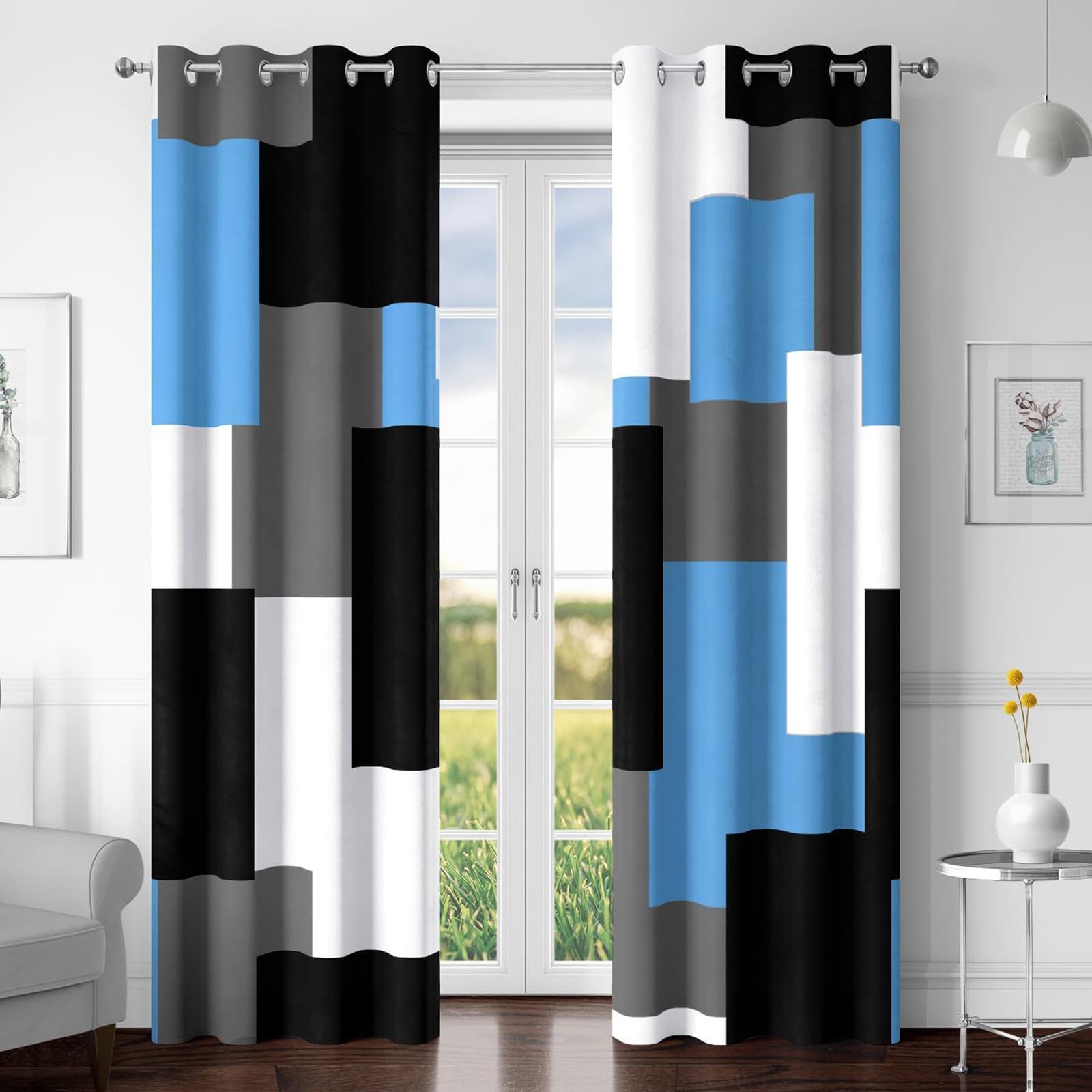 Tyrot Light Blue 100% Blackout Curtains for Bedroom 84 inch Length 2 Panels Set White Grey Modern Abstract Geometric Black Out Curtains Insulated Room Darkening Window Drapes for Living Room, 52Wx84L โ image 1