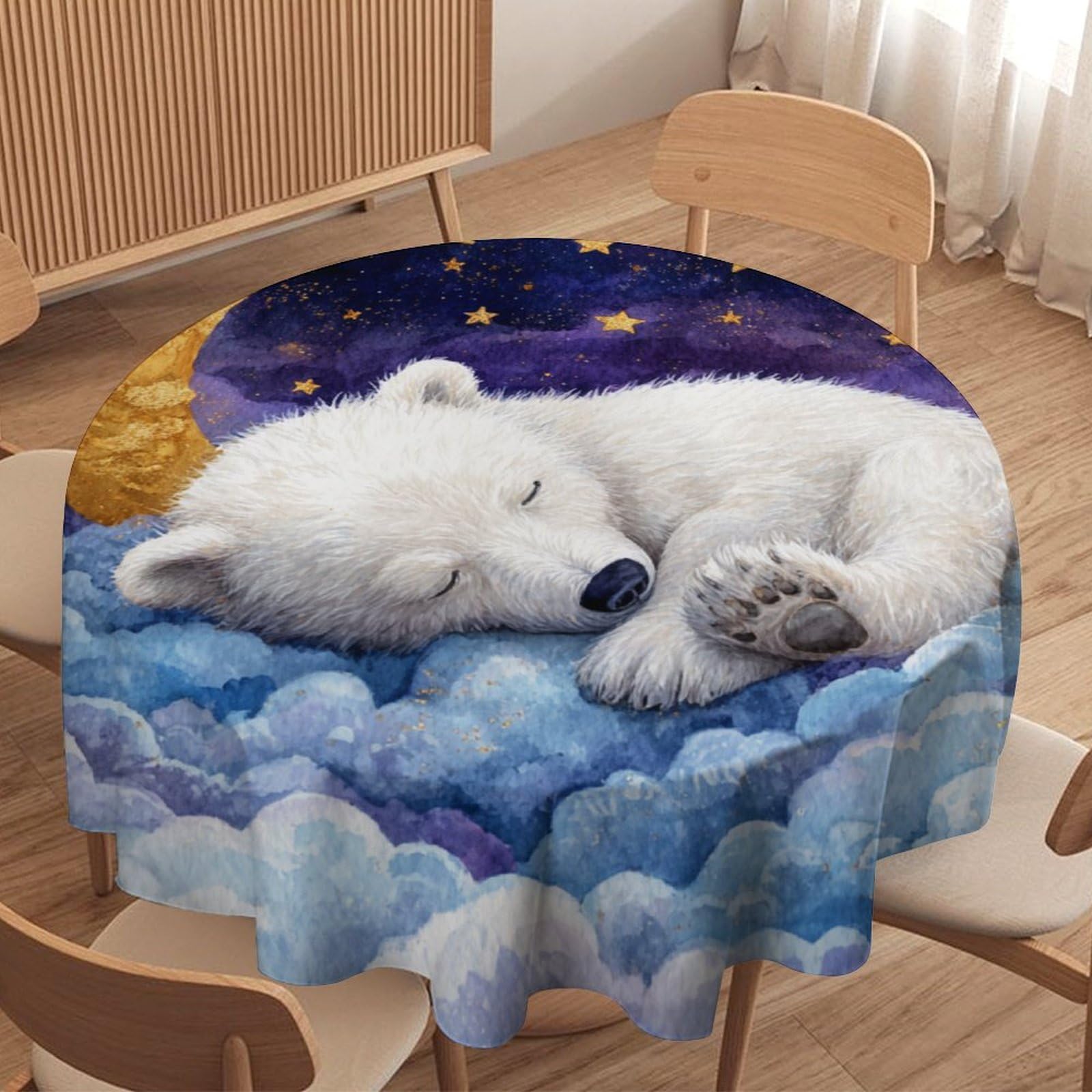 LUYYSKY Cute Rustic Polar Bears Round Tablecloth Vintage Anime Moon Starry Sky Galaxy Clouds Animals Polar Bear Washable Decor for Table Cover for Kitchen-177.8" Wx177.8 L cm