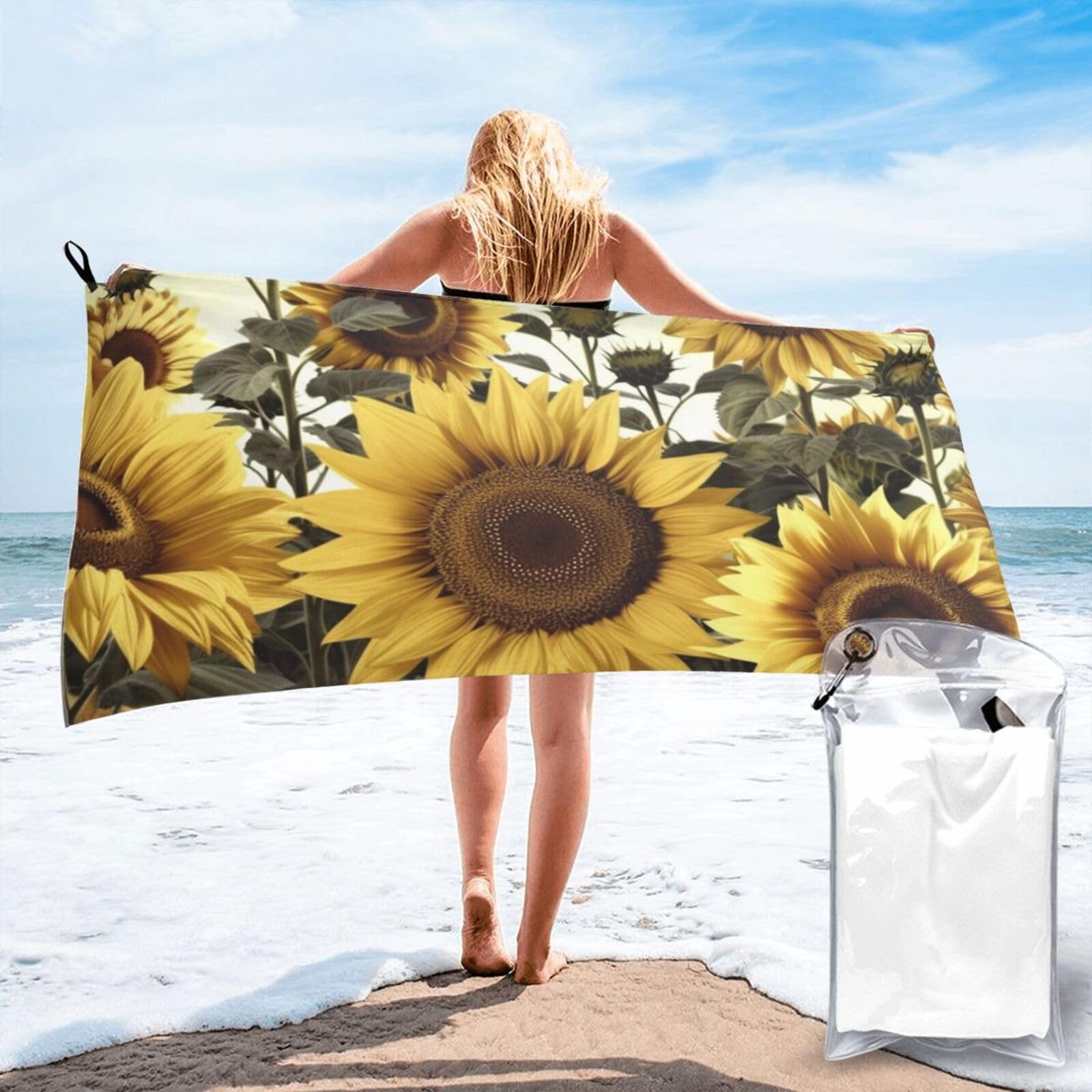 DWVTSLH Microfiber Sand Free Beach Towel 31.5"x63", Quick Dry Absorbent Travel Towel Large Camping Blanket, Yellow Sunflower Floral Bath Towels Lightweight Pool Swim Towels for Vacation Essentials