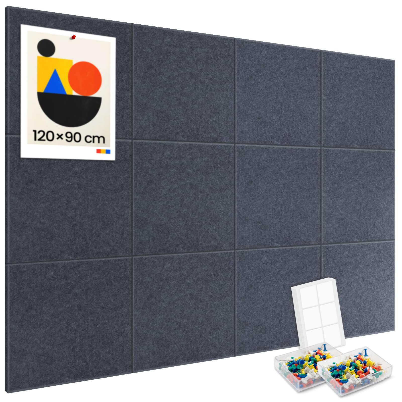 Großes Kork-Bulletin Board für die Wand 120x90cm, 12 Pack Filz-Wandkacheln mit 60 Pinnnadeln, 50 sichere, abnehmbare Klebetabs, dekorative Pinnwand für Büro, Schule und Freizeit (Deep Gray, 120x90cm)