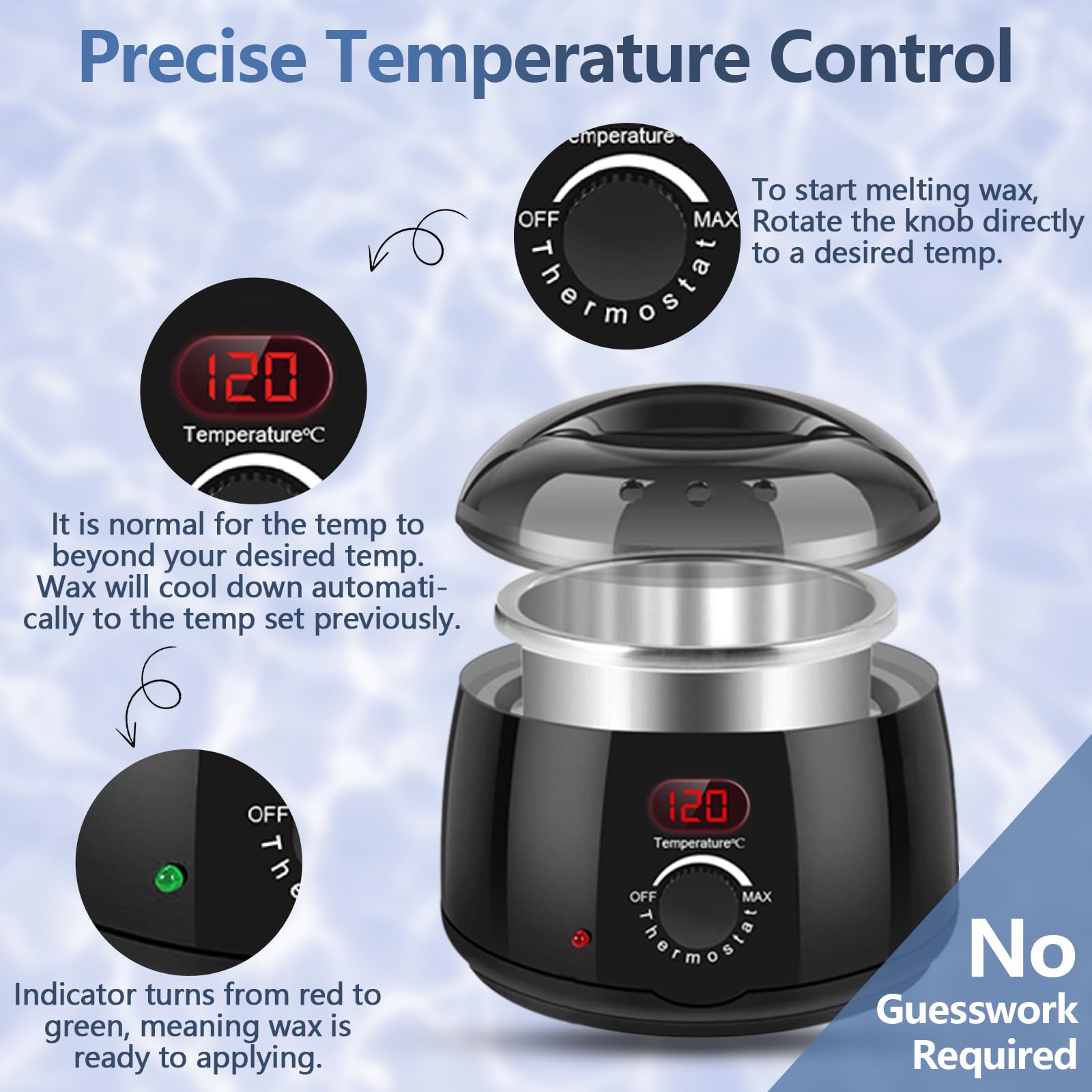 Kit de depilación para mujeres y hombres: calentador de cera con pantalla digital, visualización precisa de la temperatura, paquete de 4 cuentas de cera dura, 3 varillas aplicadoras
