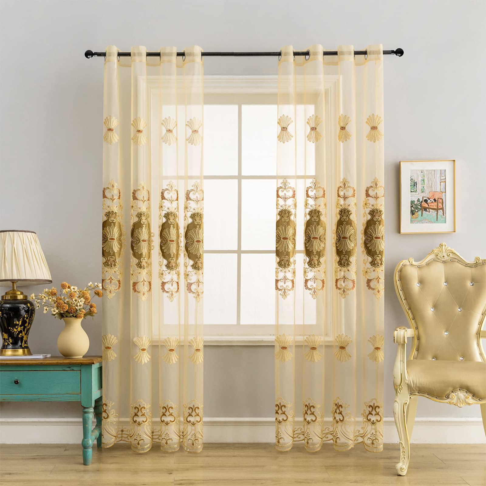 ELKCA Luxury Embroidered Sheer Curtains for Living Room Coffee Tulle Curtains for Bedroom Transparent Sheer Curtain,Grommet Top,52" W x 84" L,2 Panels