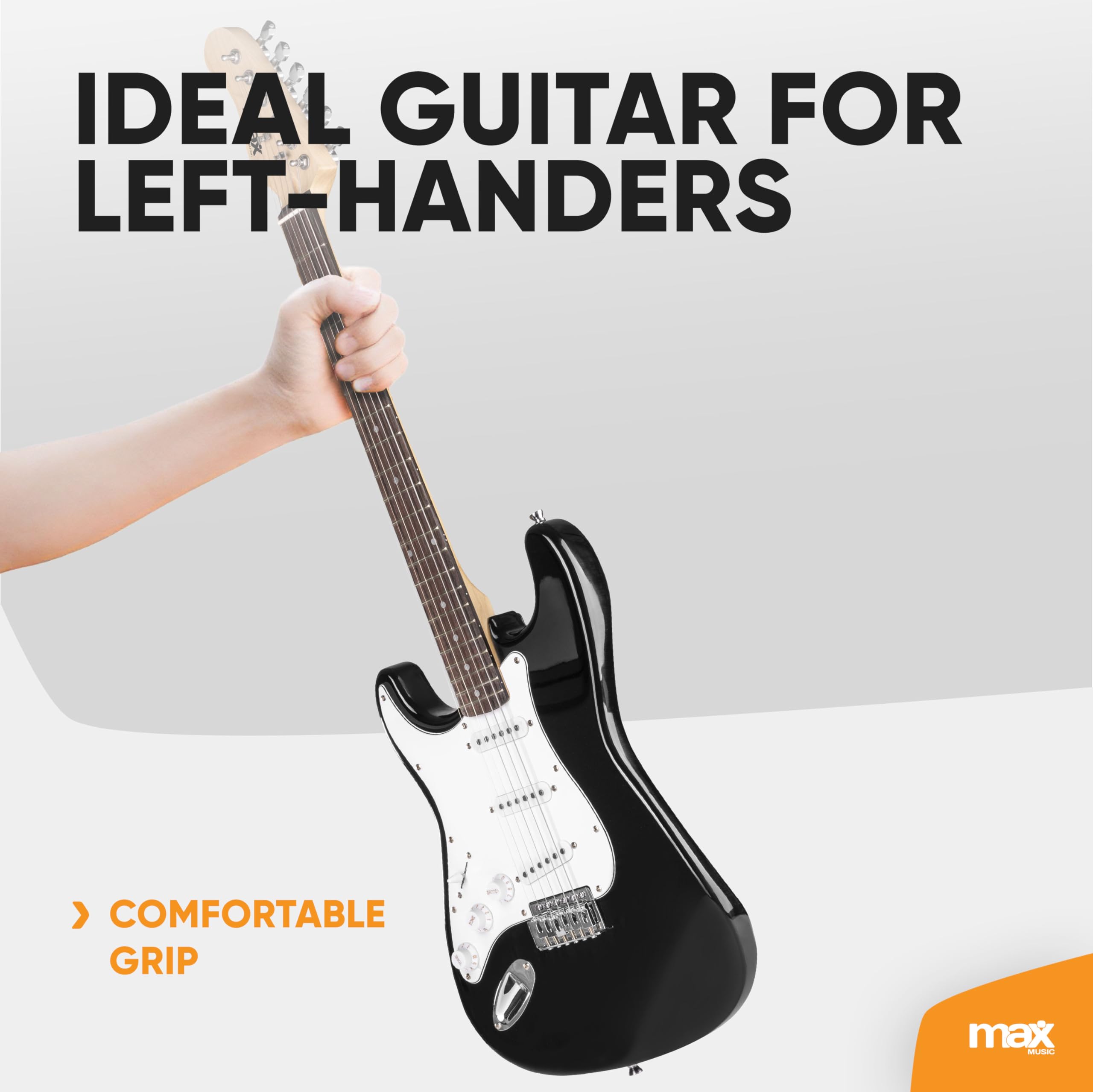 MAX GIGKIT Guitare Électrique Gaucher Noire - Pack Complet Débutant avec Ampli 40 Watts, Nombreux Accessoires Inclus, Housse, Accordeur, Sangle, Médiators, Cordes, Idéale pour les Débutants
