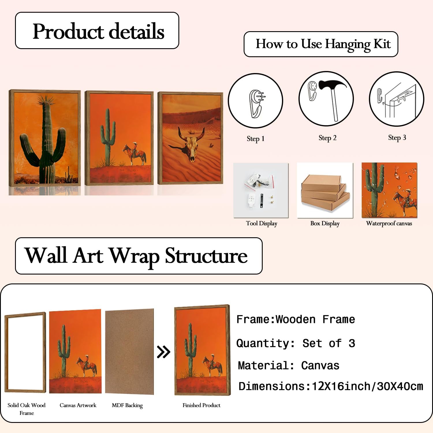 Framed Western Cowboy Canvas Wall Art Set of 3, Vintage Desert Cactus Pictures Wall Decor, Longhorn Bull Skull Paintings Prints Southwestern Home Decor for Living Room Bedroom 12x16 inch