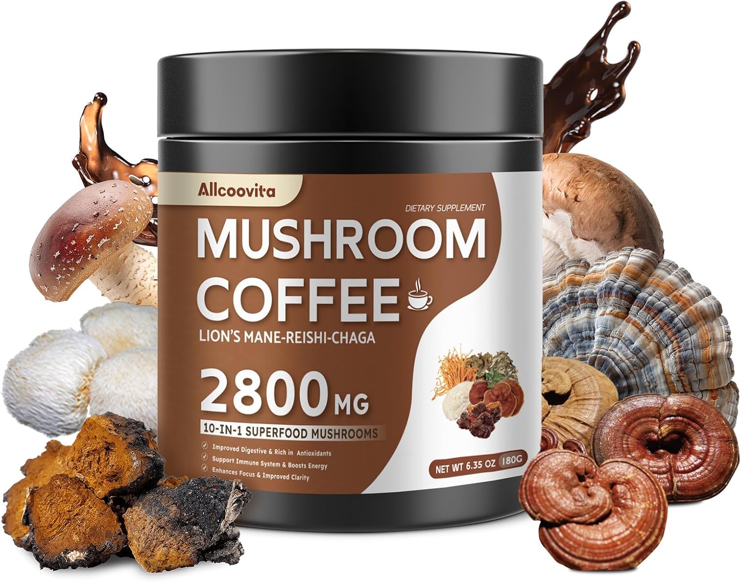 Mushroom Coffee – Lions Mane Mushroom Powder Instant Coffee with Lion’s Mane, Reishi, Chaga, Cordyceps, and Turkey Tail – Mushroom Coffee Alternative for Energy, Mental Clarity & Focus, Brain Booster
