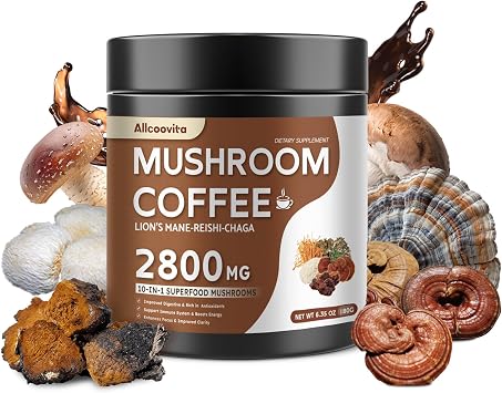 Mushroom Coffee - Lions Mane Mushroom Powder Instant Coffee with Lions Mane, Reishi, Chaga, Cordyceps, and Turkey Tail - Mushroom Coffee Alternative for Energy, Mental Clarity & Focus, Brain Booster