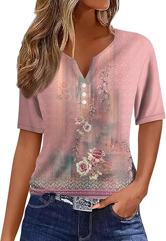 Ceboyel Womens Summer Tops 2024 Trendy Cute Blouses Short Sleeve Henley Shirts Dressy Casual Ladies Vacation Clothes