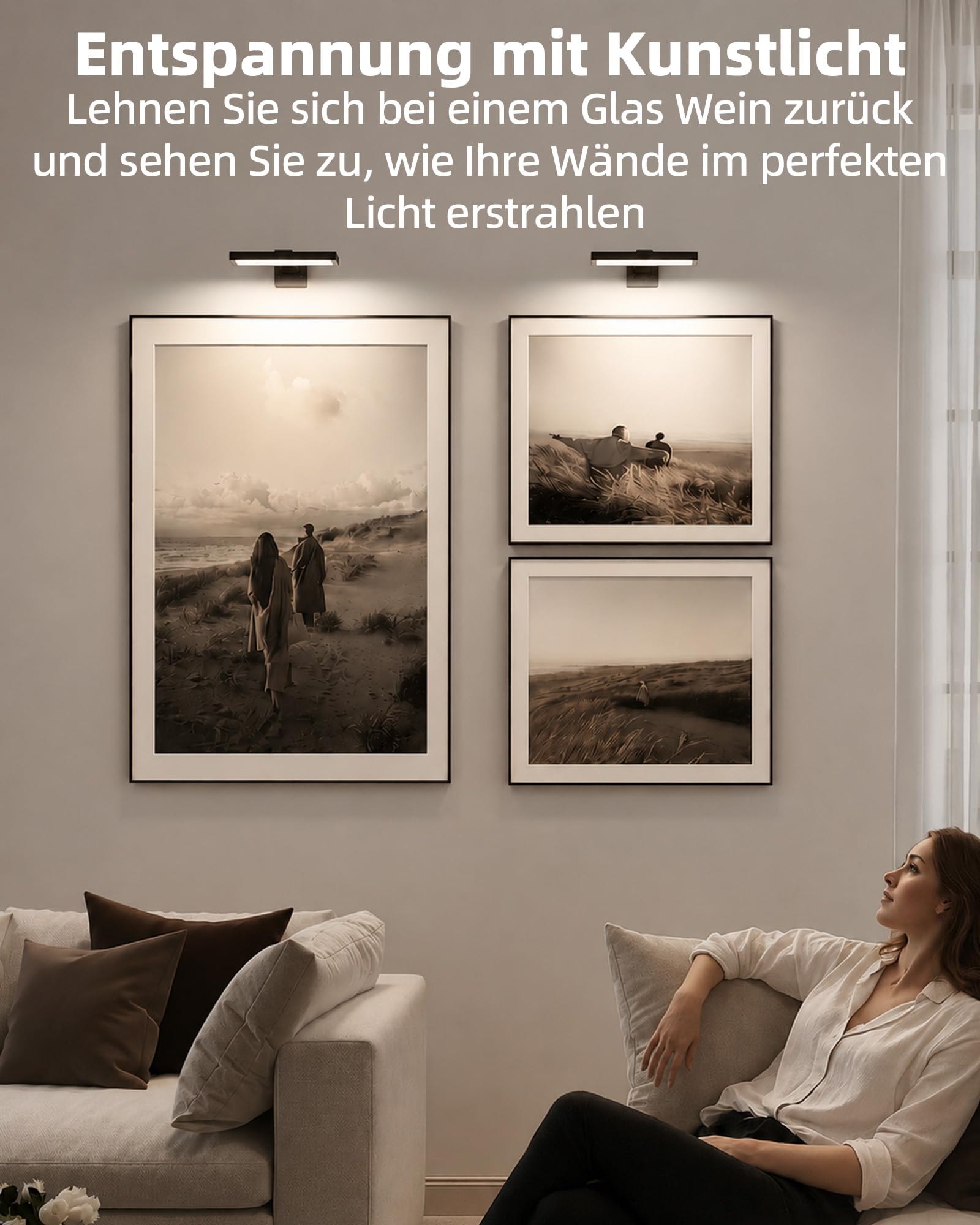 EZVALO Bildbeleuchtung Kabellos, Wandleuchte Innen LED, Fernbedienung, Dart Beleuchtung, 3 Farbtemperaturen, integrierter 2400mAh Akku, Magnetische Bilderleuchte für Gemälde, Foto (Schwarz, 2 Stück)