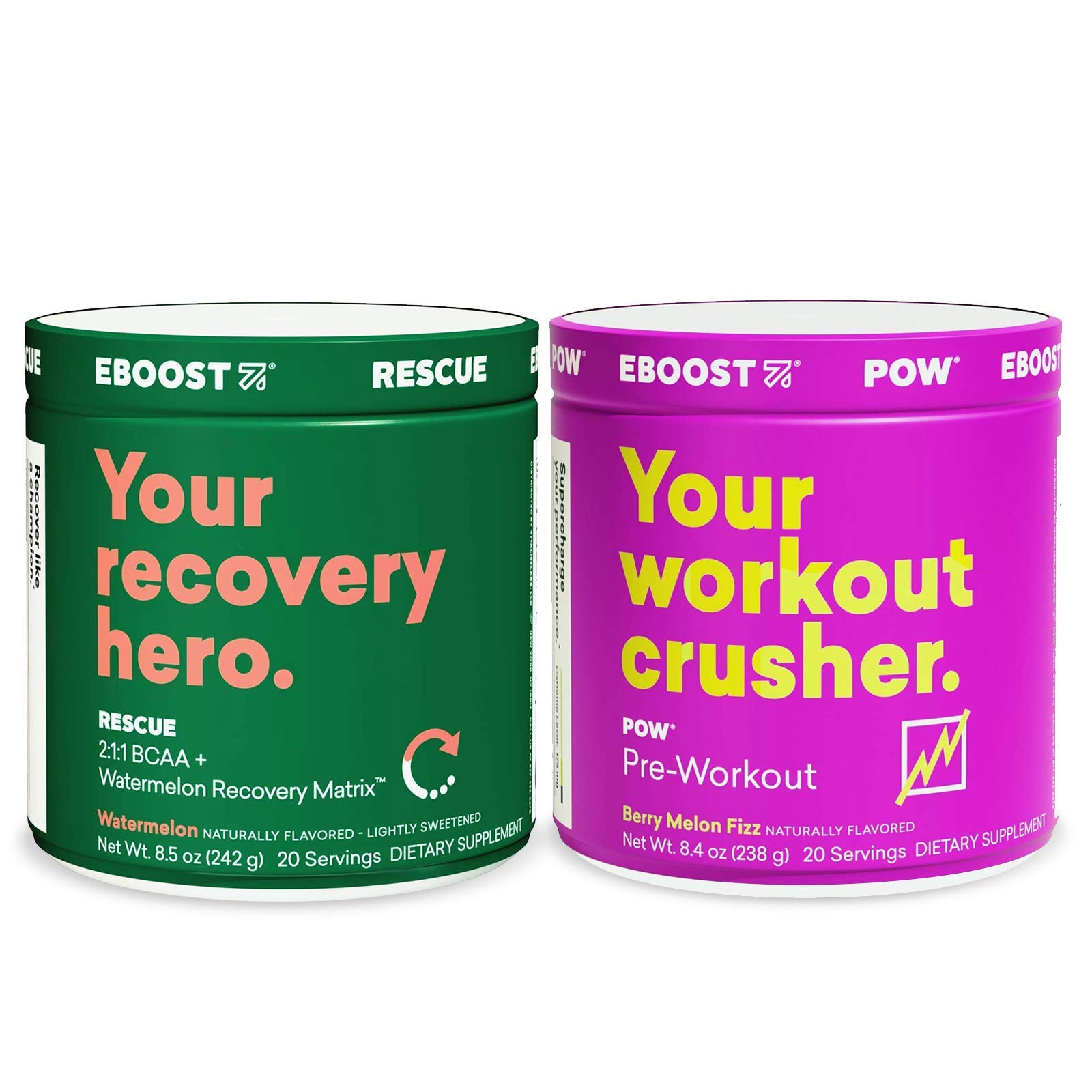 EBOOST POW Pre-Workout and Rescue BCAA Tub Bundle - Pre and Post Workout Supplement Powder for Performance, Joint Mobility, Support Recovery and Energy - Non-GMO, Gluten-Free, No Creatine
