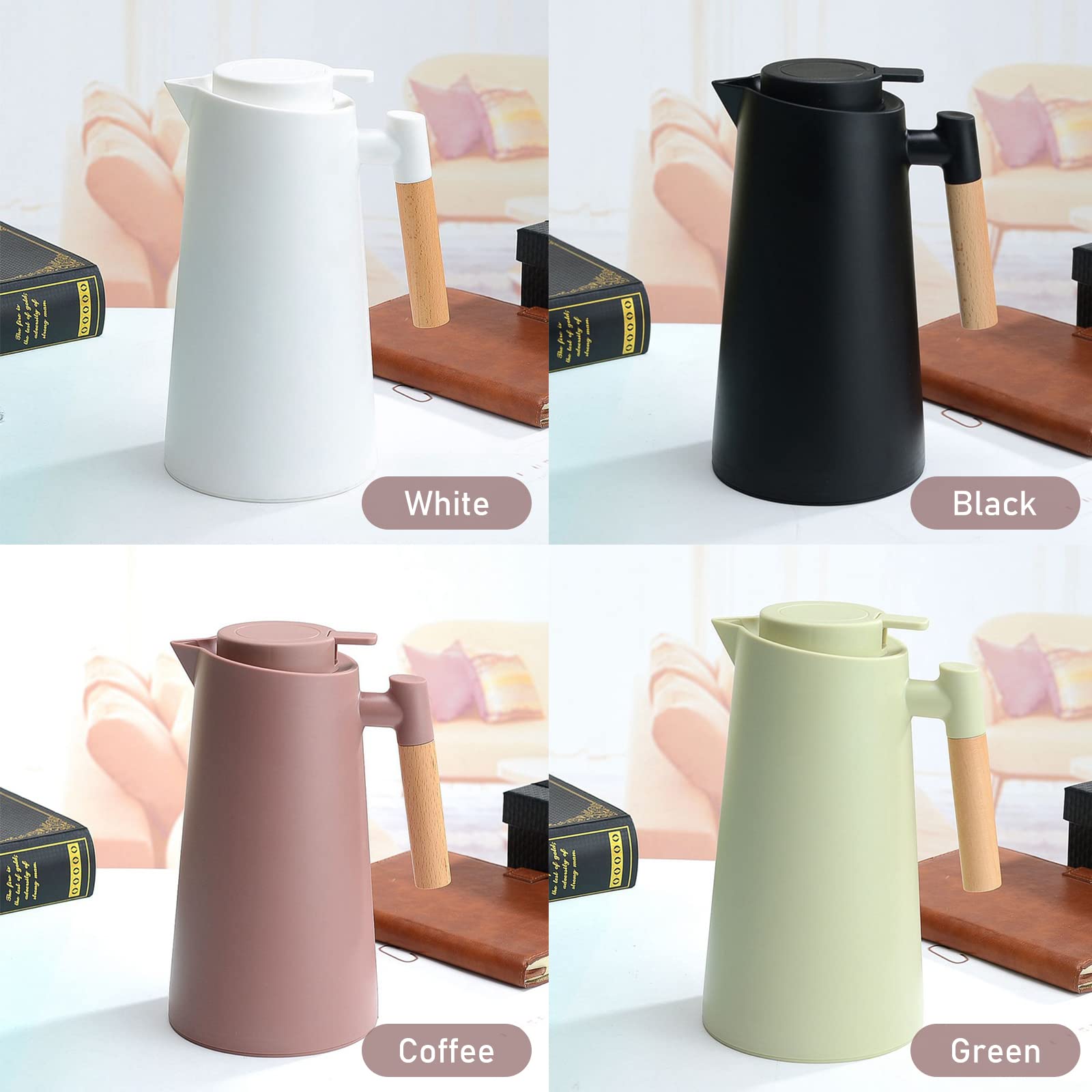ERYUE 1L Carafe à café thermique Double paroi Thermos Pot avec manche en bois