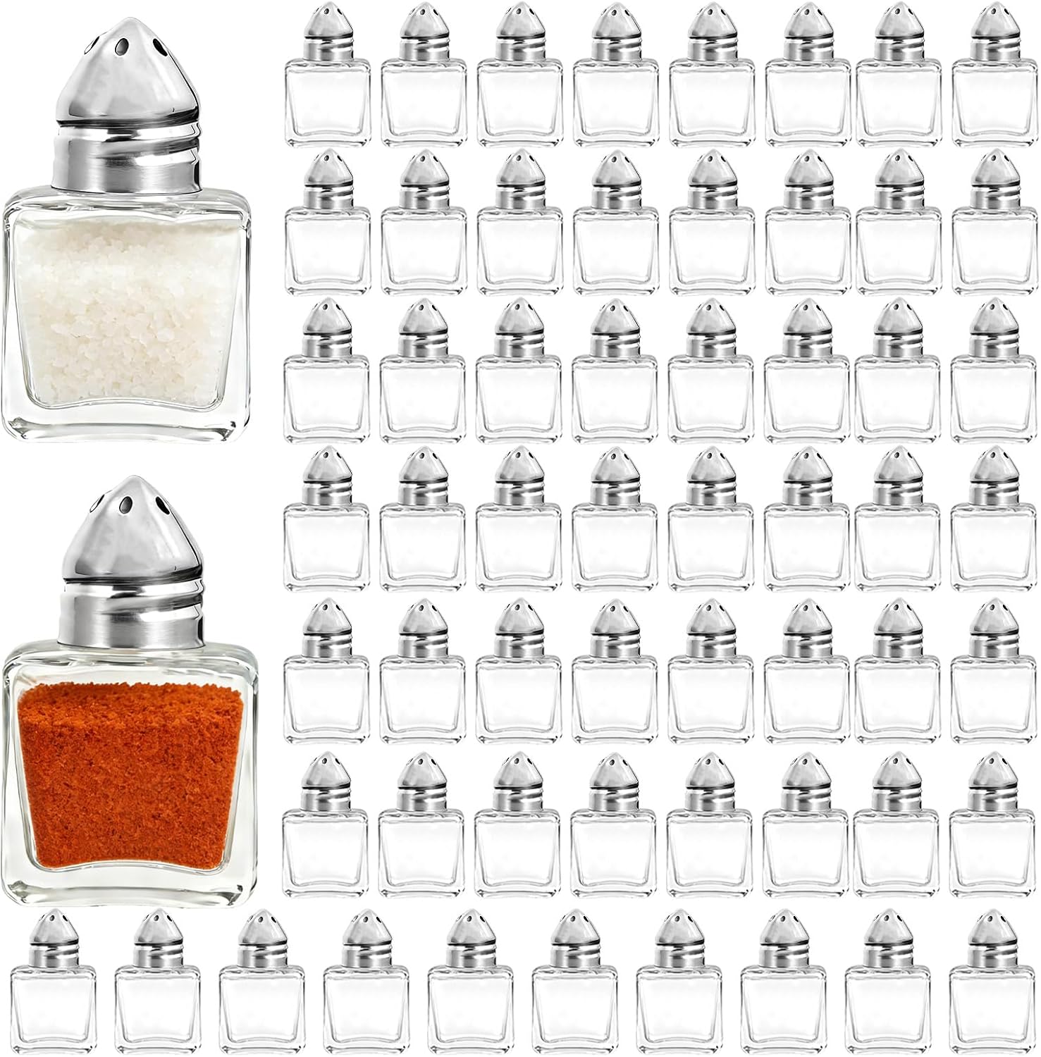 100 Pcs Mini Salt and Pepper Shakers Bulk with Stainless Steel Lid 0.5 Oz Mini Shaker Container Small Cube Glass Spice Shaker for Restaurant Kitchen Camp Wedding Party Supplies