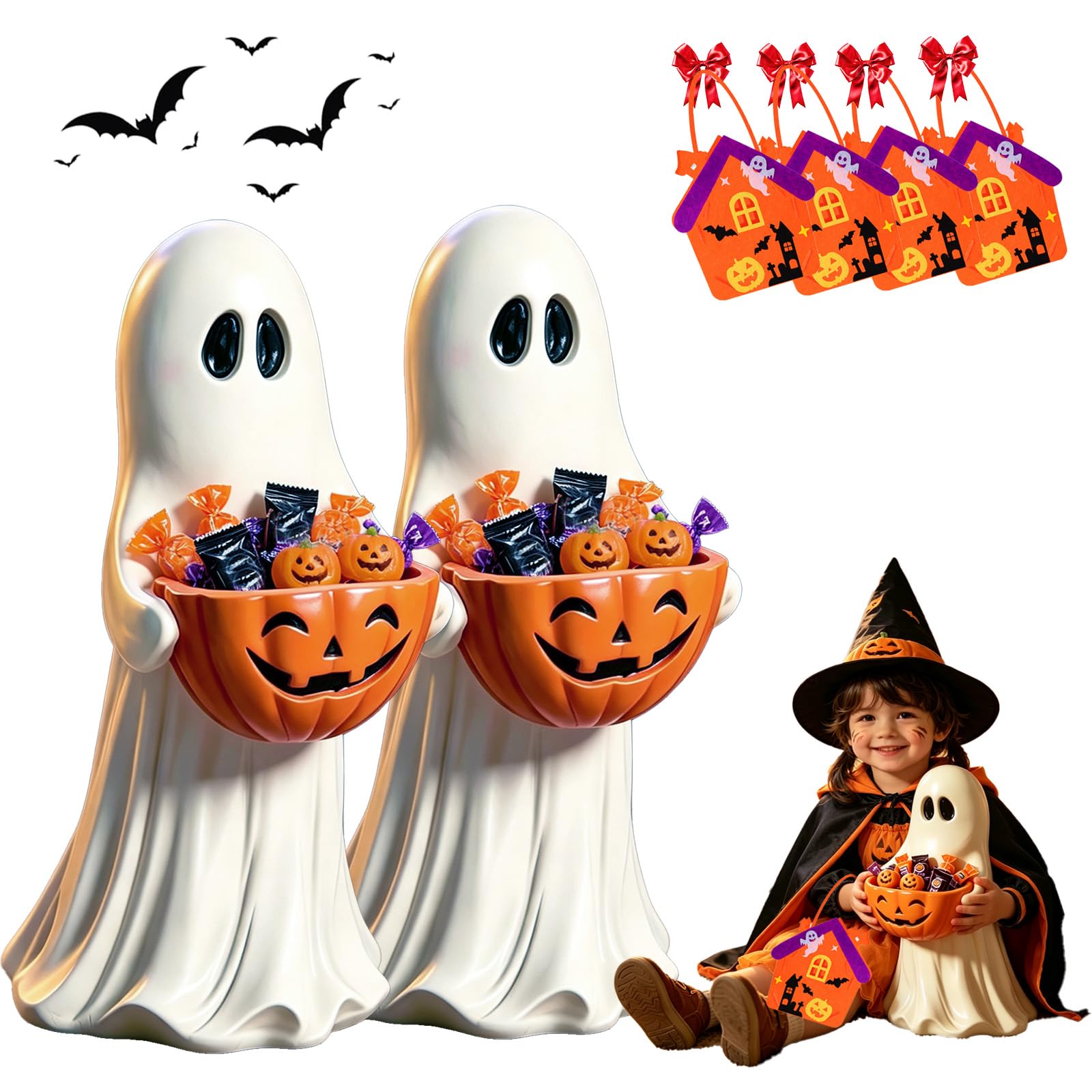 11.5 Inch Resin Ghost Candy Bowl, Weatherproof Halloween Ghost Candy Holder Figurine, Freestanding Trick or Treat Pumpkin Bowl for Front Porch, Yard, Patio, Mantel and Indoor Party Decor (2 pcs)