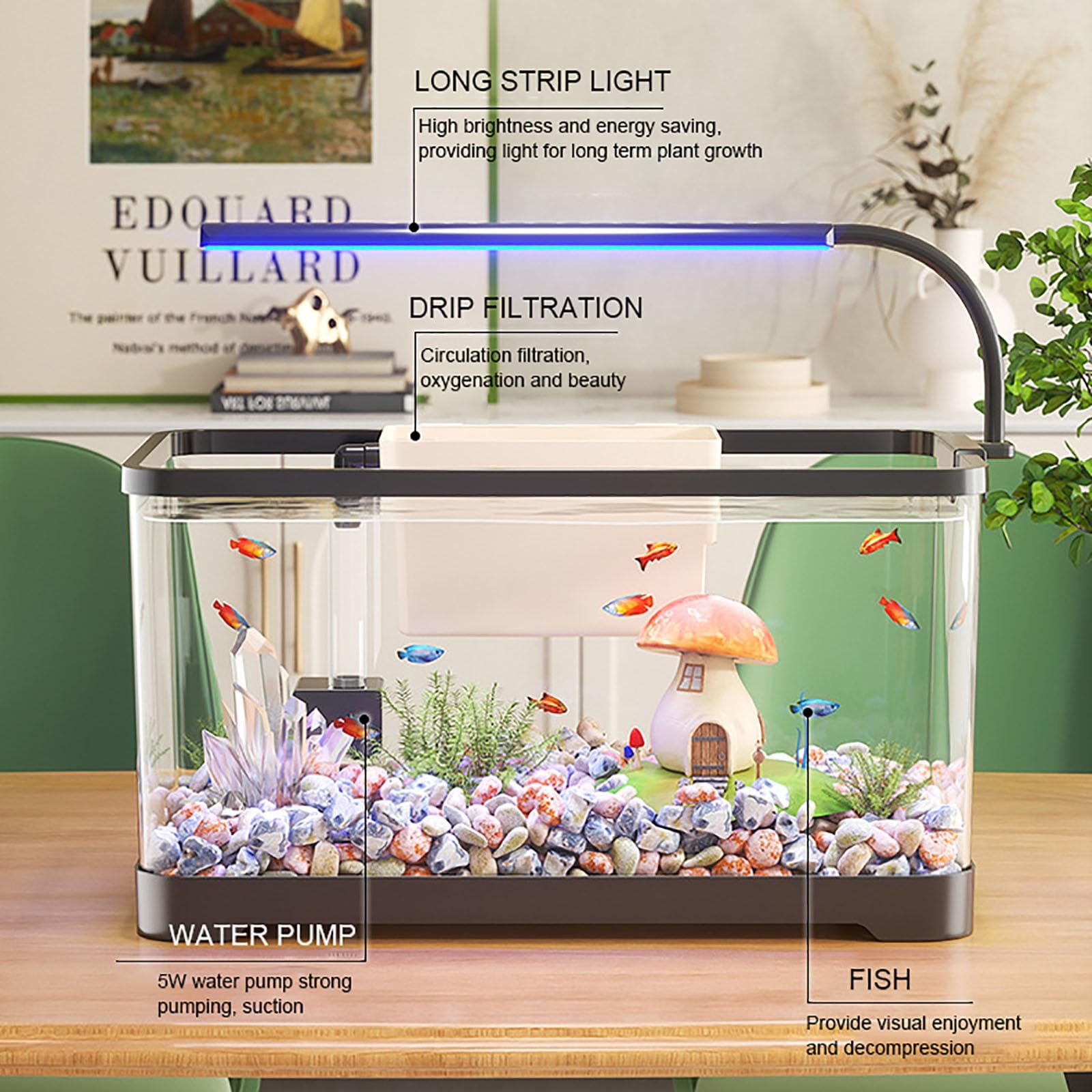 Kit Complet D'aquarium De Bureau, Kit Complet avec Lampes LED, Pompe À Air, Système De Filtration pour Crevettes Poissons Rouges Tortues(L)