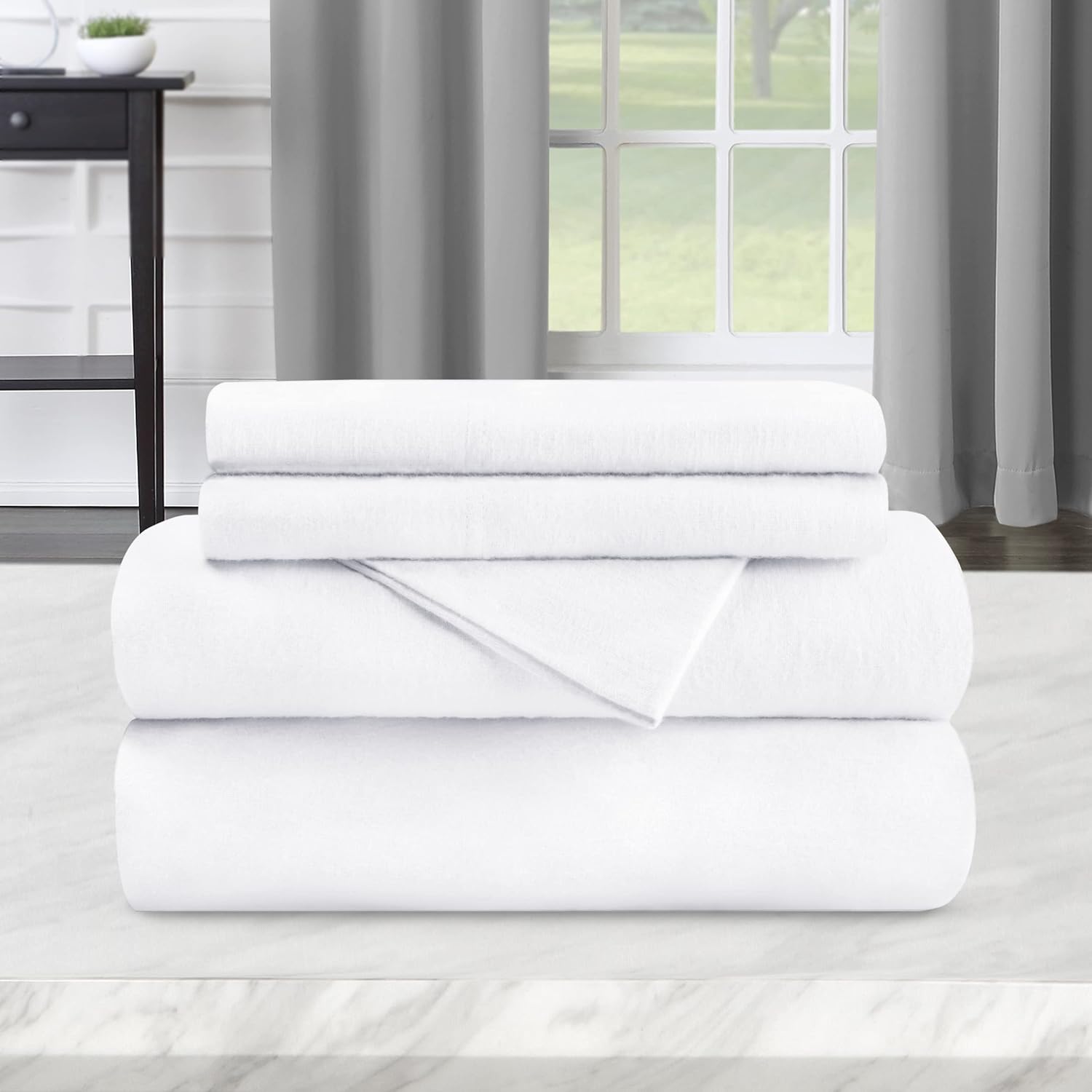 BNM Paisley or Solid Flannel Cotton Sheet Set, Fuzzy Warm Sheets, Traditional Bohemian Bedding, Basics, Includes 1 Flat Sheet, 1 Elastic Deep Pocket Fitted Sheet, 1 Pillowcase, Twin, White