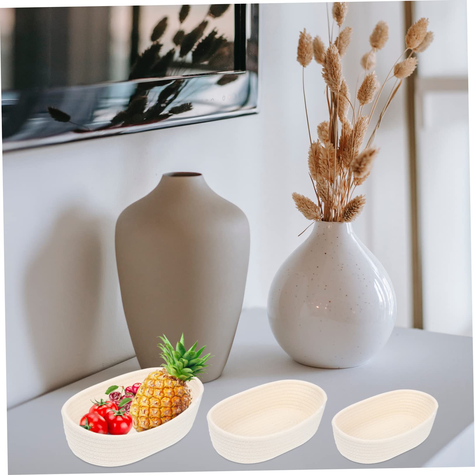 KOMBIUDA Cesta de Almacenamiento Tejida de Algodón Color Marfil 3 Piezas | Contenedor de Mesa, Soporte Autoestable, Suave y Resistente, para Guardado de Juguetes y Uso en Cubículos