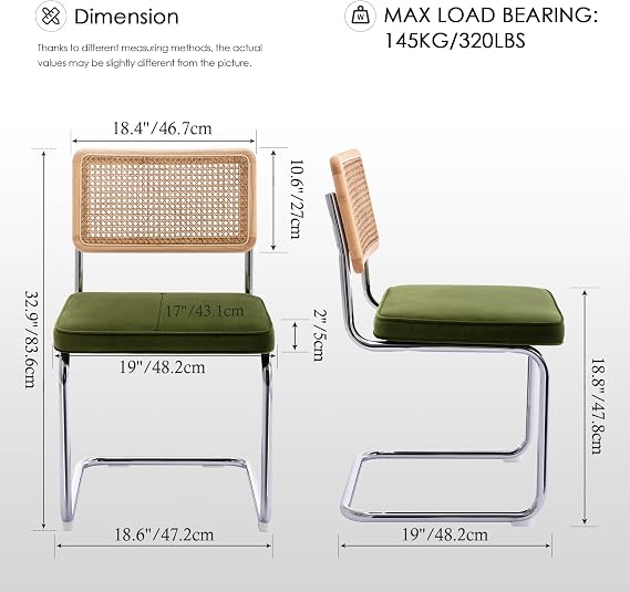 Zesthouse Natural Rattan Dining Chairs Set of 2, Olive Green Modern Kitchen Chairs with Solid Wood Back & Chrome Base, Mid Century Breuer Design Inspired, Upholstered Velvet Fabric