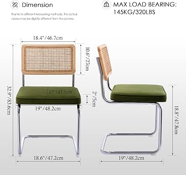Zesthouse Natural Rattan Dining Chairs Set of 2, Olive Green Modern Kitchen Chairs with Solid Wood Back & Chrome Base, Mid Century Breuer Design Inspired, Upholstered Velvet Fabric