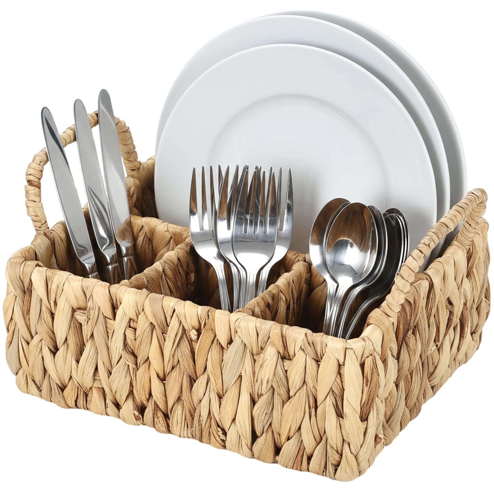 Utensilienkorb aus Wasserhyazinthe, 4-Fach-Besteckaufbewahrung mit 2 Griffen, geteilte Besteckablage im Landhausstil, geflochtener Organizer für Küche, Esstisch und Buffet, 26,5 x 21,5 x 15,5 cm
