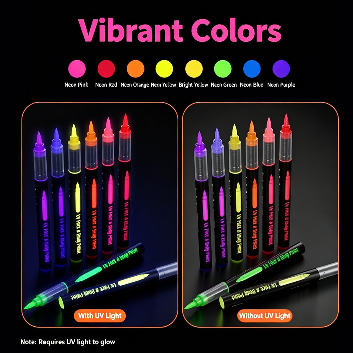 8 PCS Glow Face Body Paint, UV Neon Face And Body Paint Markers, Glow In The Dark Under UV Black Light Sticks Makeup,Washable Skin Tattoo Pen For Halloween, Music Festivals Parties