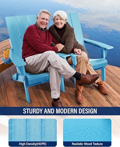 Miniatura 6 de Juego de 2 sillas Adirondack plegables modernas, sillas Adirondack de polietileno de alta densidad de gran tamaño con soporte para tazas, respaldo
