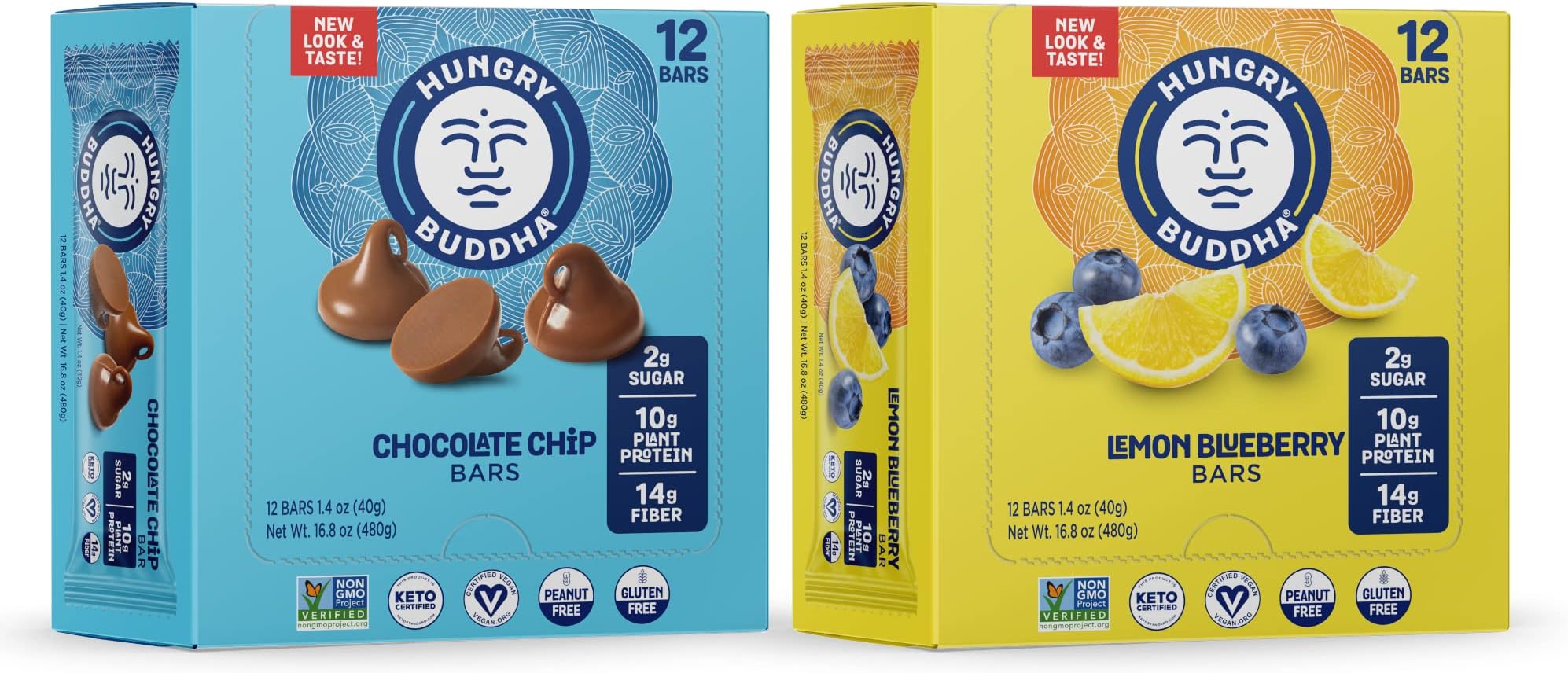 HUNGRY BUDDHA Bars - Plant Based Protein Bars - Vegan Nutrition Bars - Low Sugar Healthy Snacks - Gluten Free Snack Bars - Peanut Free - Keto Bar - Chocolate Chip & Lemon Blueberry (Pack of 24)