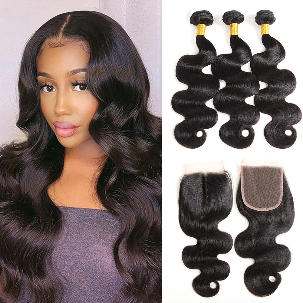 Body Wave Bundles with Closure(14 16 18+14) Brazilian Human Hair Bundles for Black Women Double Weft Hair Bundles With Closure (14 16 18+14)