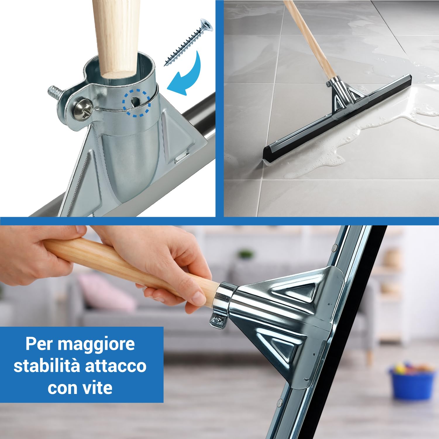 Crisalide® Tergipavimento Spingiacqua Professionale con Manico in Legno da 150 cm, Gomma Doppia, Asola in Metallo, 45/55/75 cm (LARGE 75cm)