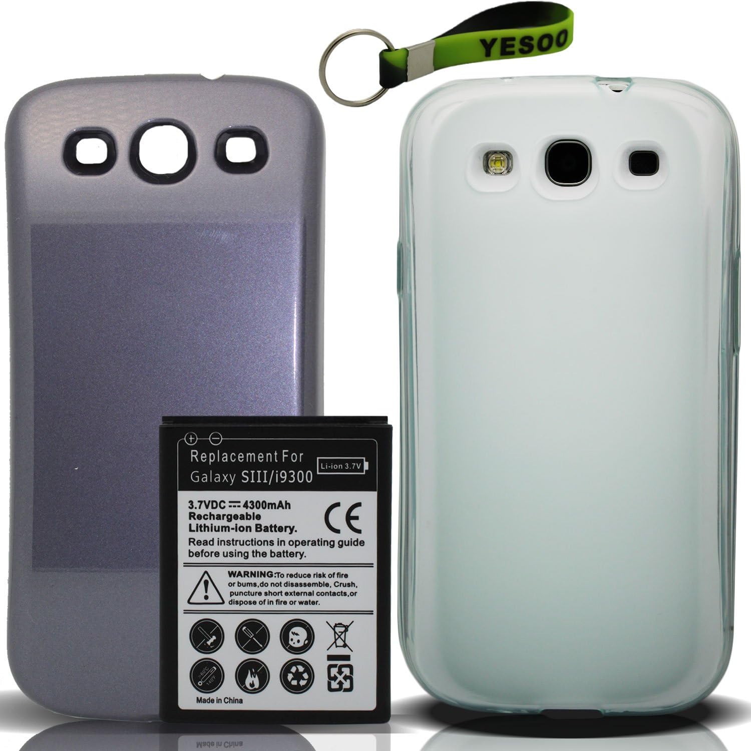 YESOO-GS3 Samsung Galaxy S3 4300mAh Extended Battery, Cover Pebble Blue, Extended TPU Case Clear White