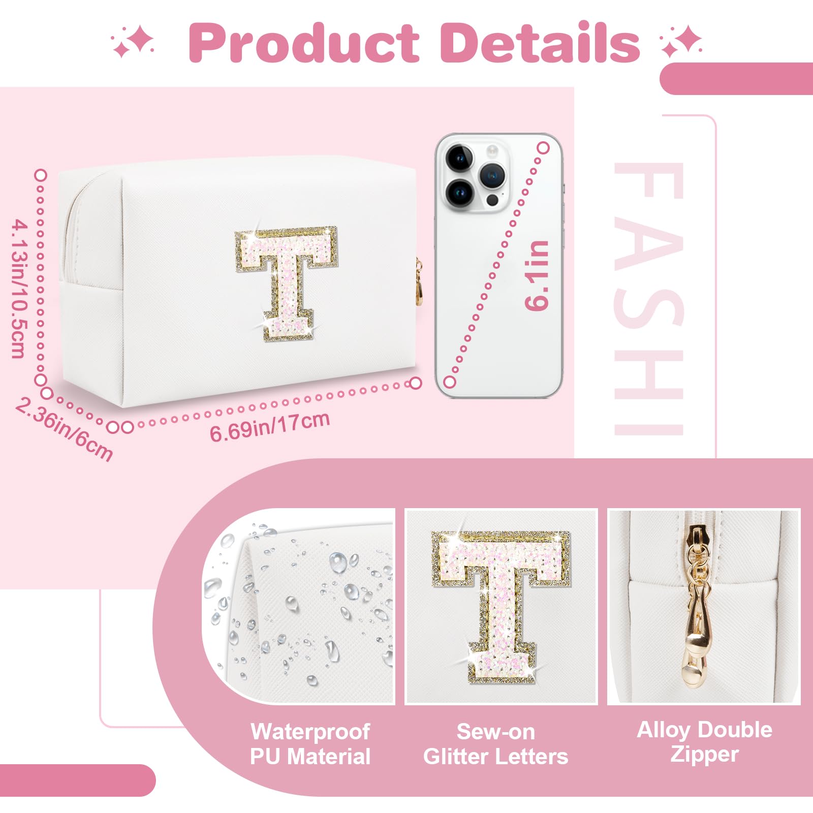 Neceser Personalizado de la A a la Z, Bolsa de Viaje pequeña con Cremallera, Bonita Bolsa de Aseo Blanca, Regalo para niñas y Mujeres cumpleaños, White, T, Preppy, Personalizado