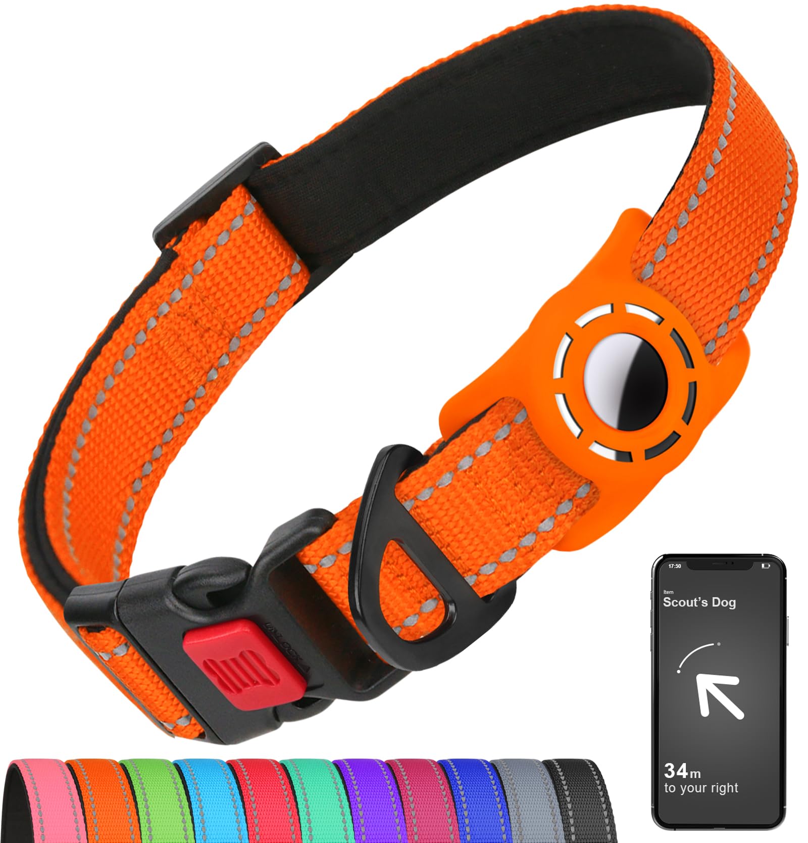 Airtag, Collare per cani per cuccioli, collari riflettenti per cani con supporto AirTag, morbida imbottitura e fibbia di bloccaggio di sicurezza, collare in nylon regolabile per tutte le razze,