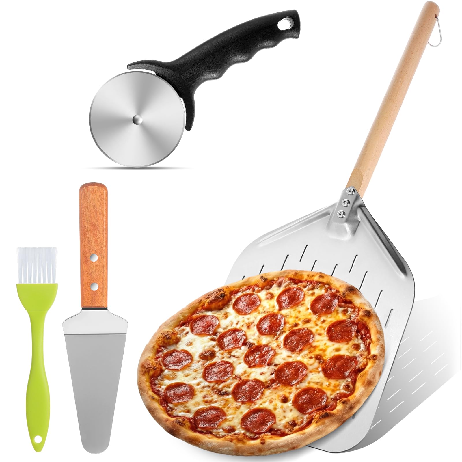 BAIEGOED Wood Handle Pizza Peel Set with Cutter, Brush & Turner - Professional Pizza Oven Tools for Baking Pizza, Dough, Bread & Pastries at Home, Baker's Essential Kit