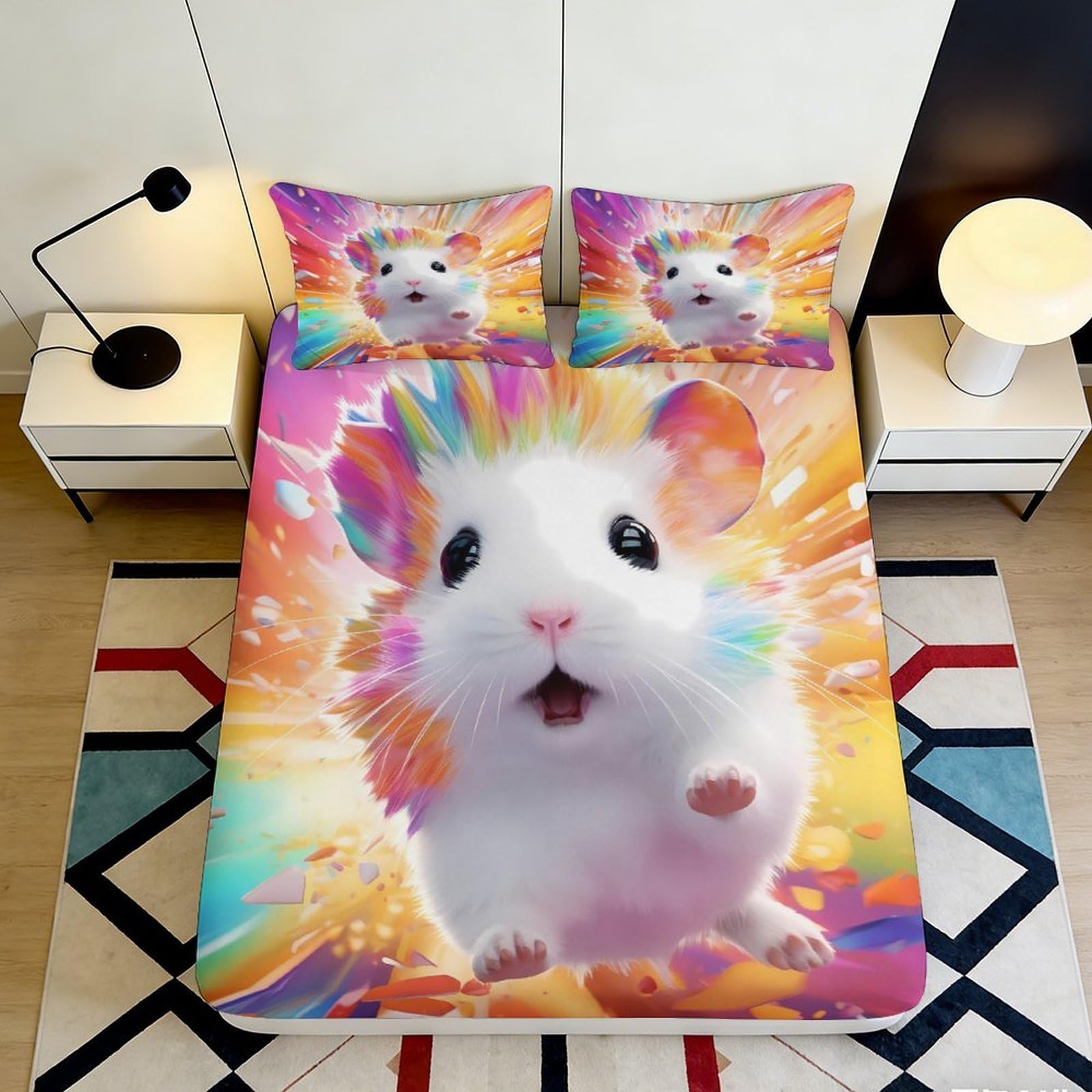 3D Printed Colorful Hamster Fitted Sheet Microfiber Soft Vibrant Cartoon Animal Bed Cover for Bedroom Dorm Decoration 90x200x25cm