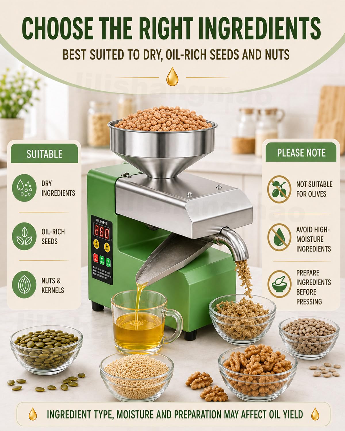 Prensa De Aceite De Sobremesa Para Semillas, Frutos Secos Y Uso Diario 800W | Diseño Compacto Con Calor Ajustable, Marcha Atrás, Tolva Grande Y Vías Separadas Para Aceite Y Residuos