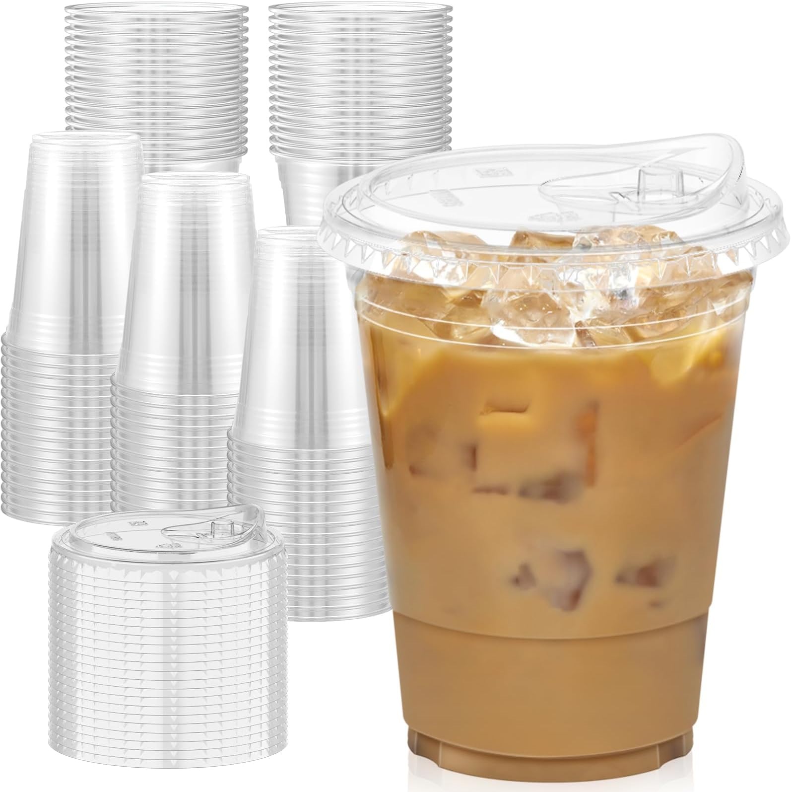 Dealusy 100 Pack - 16 oz Clear Plastic Cups with Lids, Sturdy & Food Safe Iced Coffee Cups with lids, Disposable Plastic Smoothie Cups for Cold Drinks, Sip Lids