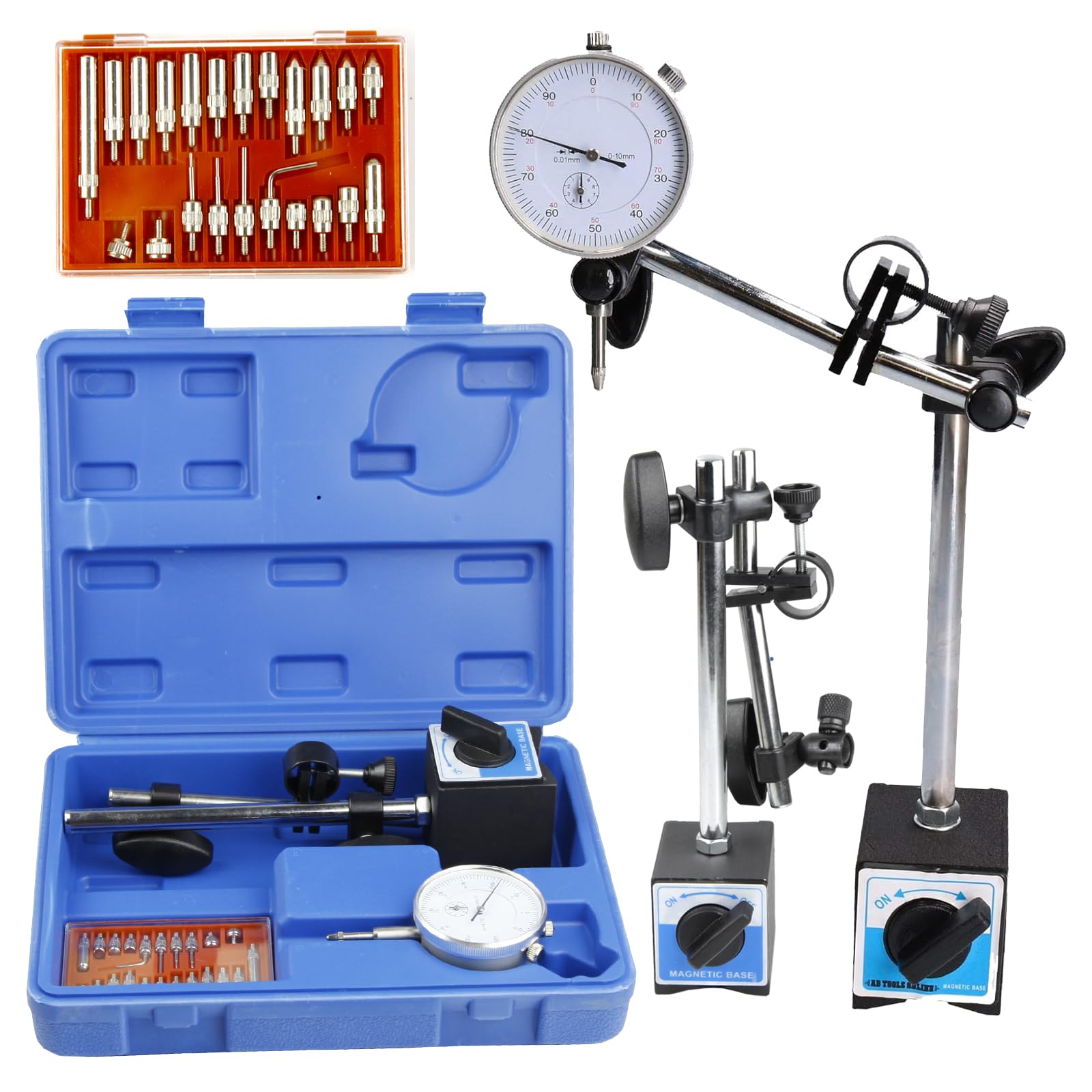 Messuhr mit Magnetfuß, verstellbarer langer Arm, 0-10 mm, Messgerät 0,01 mm, mit Aufbewahrungskoffer, 22-teilig