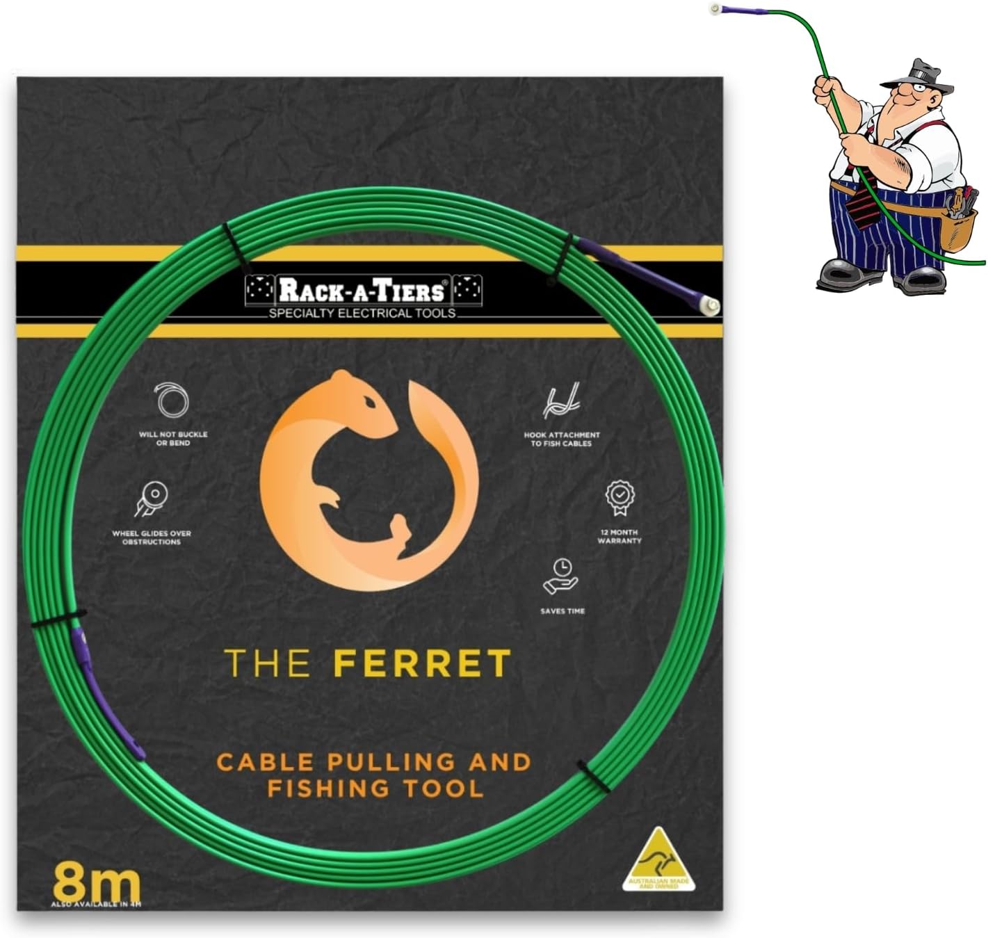 Rack-A-Tiers, The Ferret (26 ft) EP08M - Cable Pulling & Fishing Tool, Fiberglass-Reinforced Polymer Fish Tape with Guide Wheel and Steel Hook, Cable Fishing Rod, Wire Draw Tape