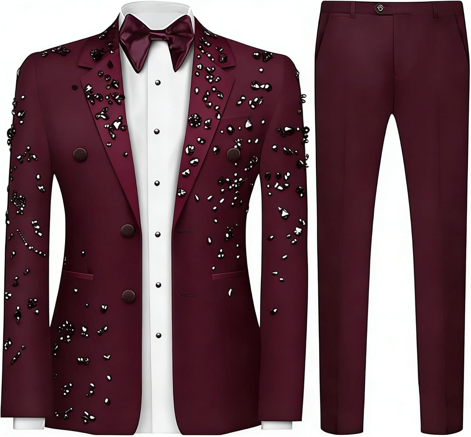 Men's Crystal-Embellished Tuxedo Suit Set, 2 Piece Formal Jacket with Pants and Bow Tie