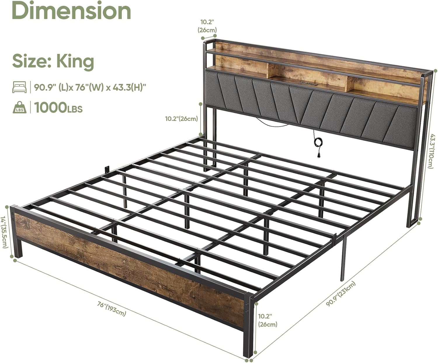 King Bed Frame with Wood Headboard, Metal Platform Bed with LED Lights & Charging Station, 2-Tier Storage Shelves, Sturdy and Easy Assembly, Under Bed Space, No Box Spring Needed, Noise Free, Brown