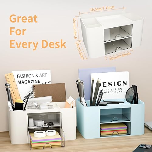 Miniatura 6 de Organizador de escritorio con 2 cajones, soporte multifuncional para lápices, organizadores de escritorio de plástico y almacenamiento con 5