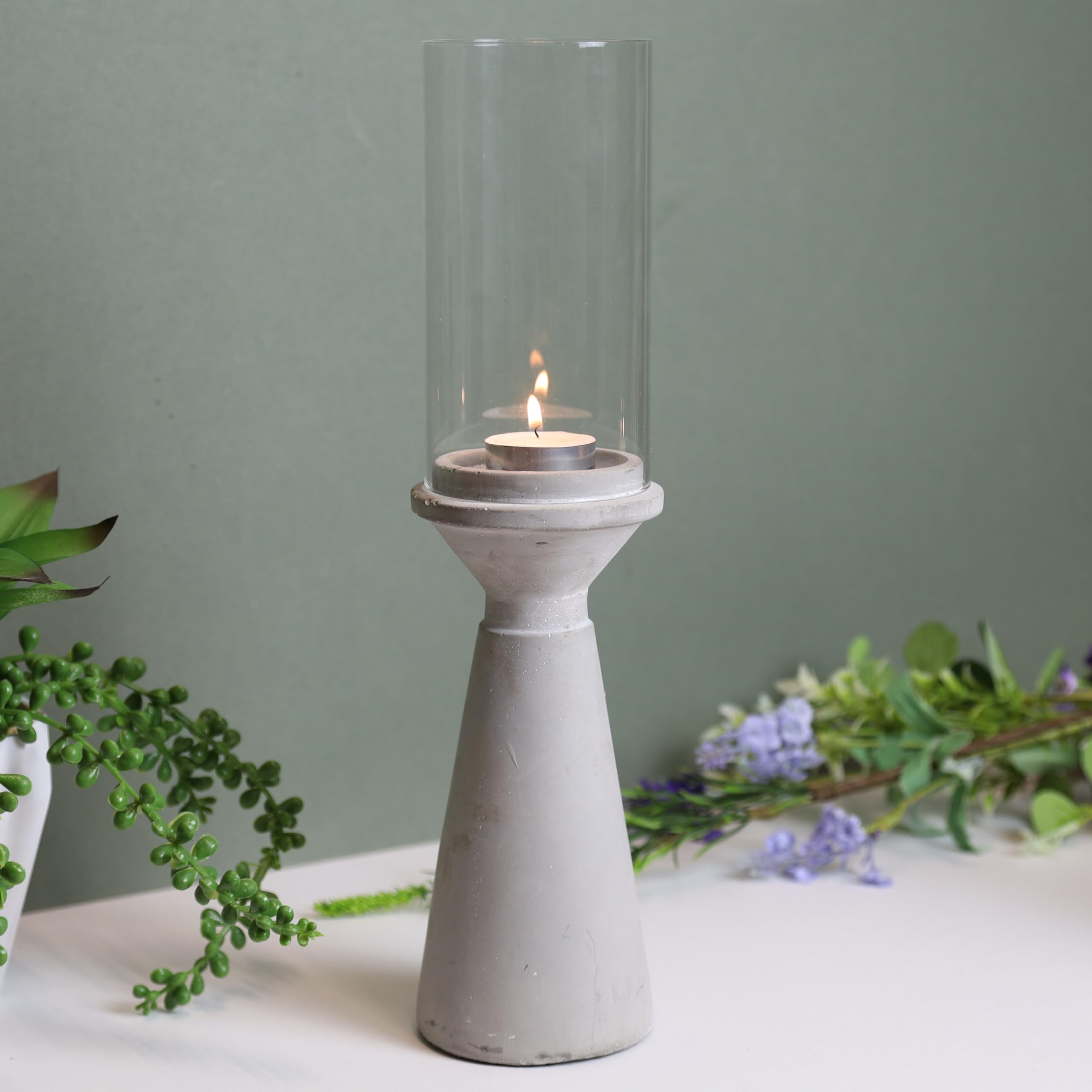 Fyne-Finds Grey Large- Hurricane Cement Concrete Tea Light Candle Holders Lantern With Glass Shade