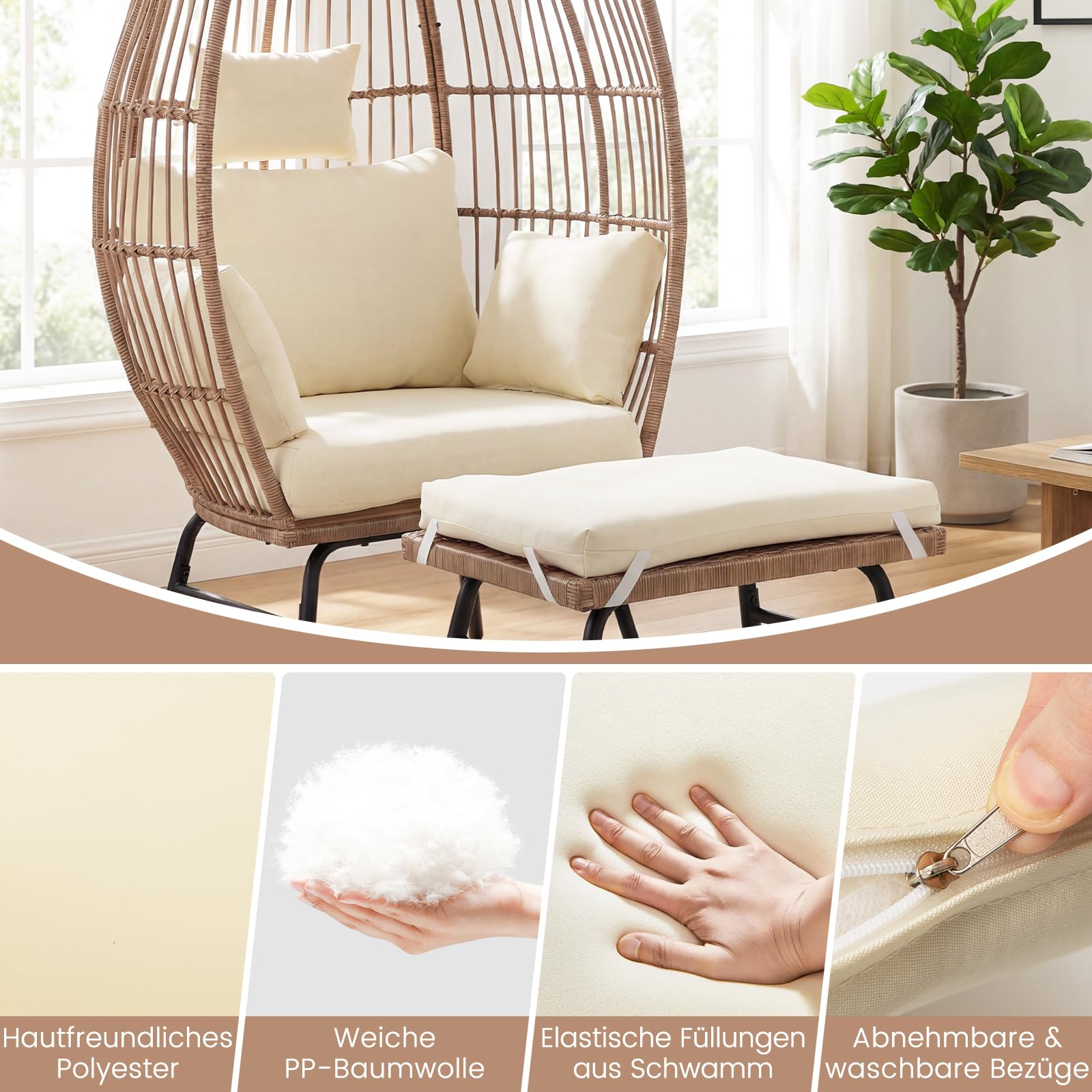 COSTWAY Korbsessel Rattan mit Hocker, Gartensessel mit Kissen und Metallgestell, Rattansessel, Loungesessel für Balkon, Garten, Wohnzimmer, Terrasse, Beige