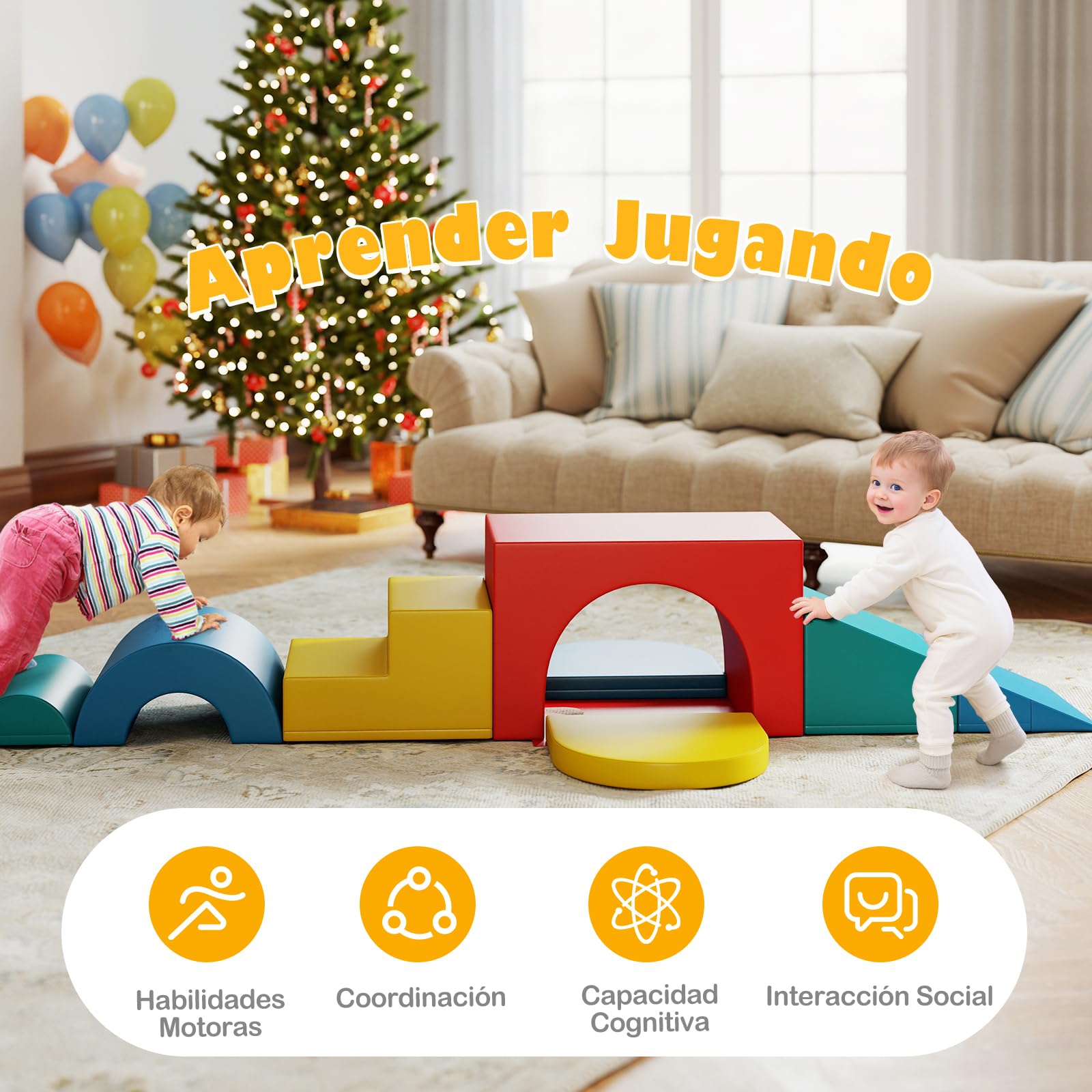 COSTWAY Bloques de 7 Piezas de Escalada de Espuma, Gimnasio de Juego de PU Suave, Estructuras Ligeras para Bebés para Gatear, Escalar y Deslizarse, Psicomotricidad para Niños 1 Año+ (Rojo)