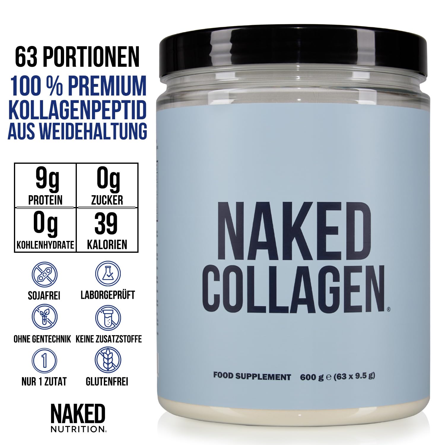 NAKED Kollagenpeptide Proteinpulver, 63 Portionen, aus Weidehaltung, geschmacksneutral, hydrolysiertes Kollagen aus Grasfütterung, Nahrungsergänzungsmittel, paleo-geeignet, ohne Gentechnik, 600 g