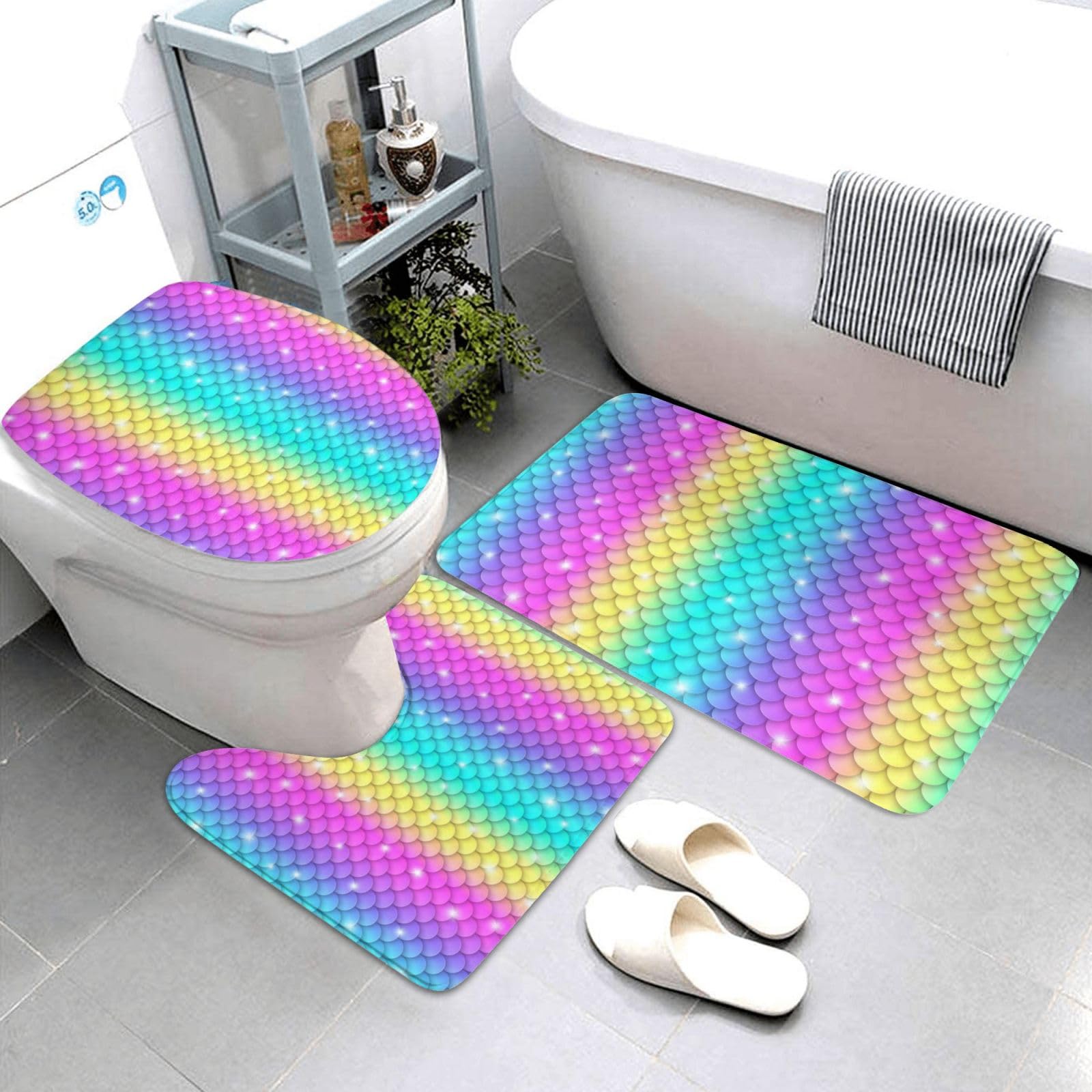 Tapis de salle de bain lot de 3 avec motif écailles arc-en-ciel et contour U