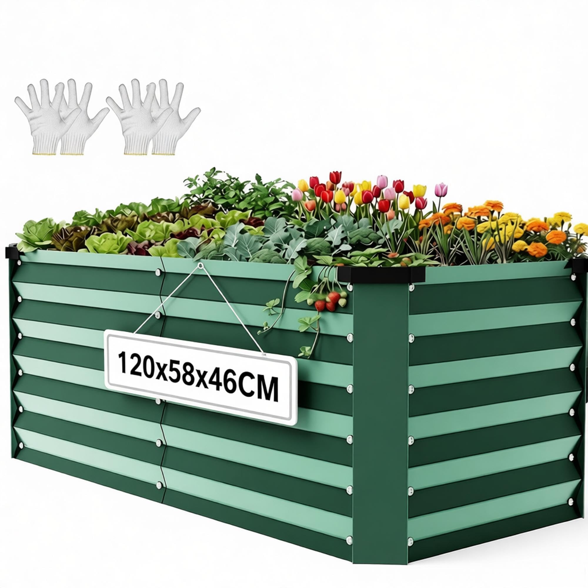 YITAHOME Raised Beds for Garden 120 * 58 * 46cm,Galvanised Steel Plate Metal Raised bed, planters outdoor with Safety Edging for Garden with Support Rod & Gloves for Vegetables Flowers Fruit(Green)