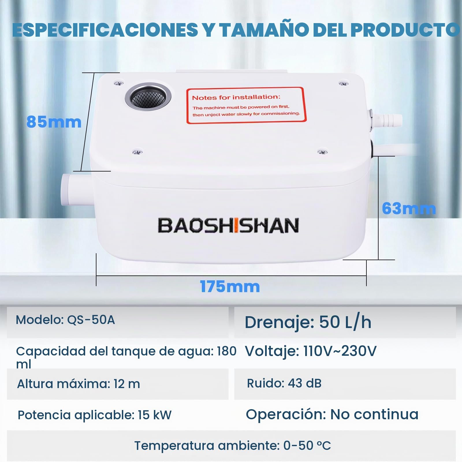 BAOSHISHAN Bomba de condensación, caudal 50 L/h, altura de descarga 12 m, incluye tubo de 5 m, bomba de agua de condensación adecuada para aire acondicionado de 8 kW