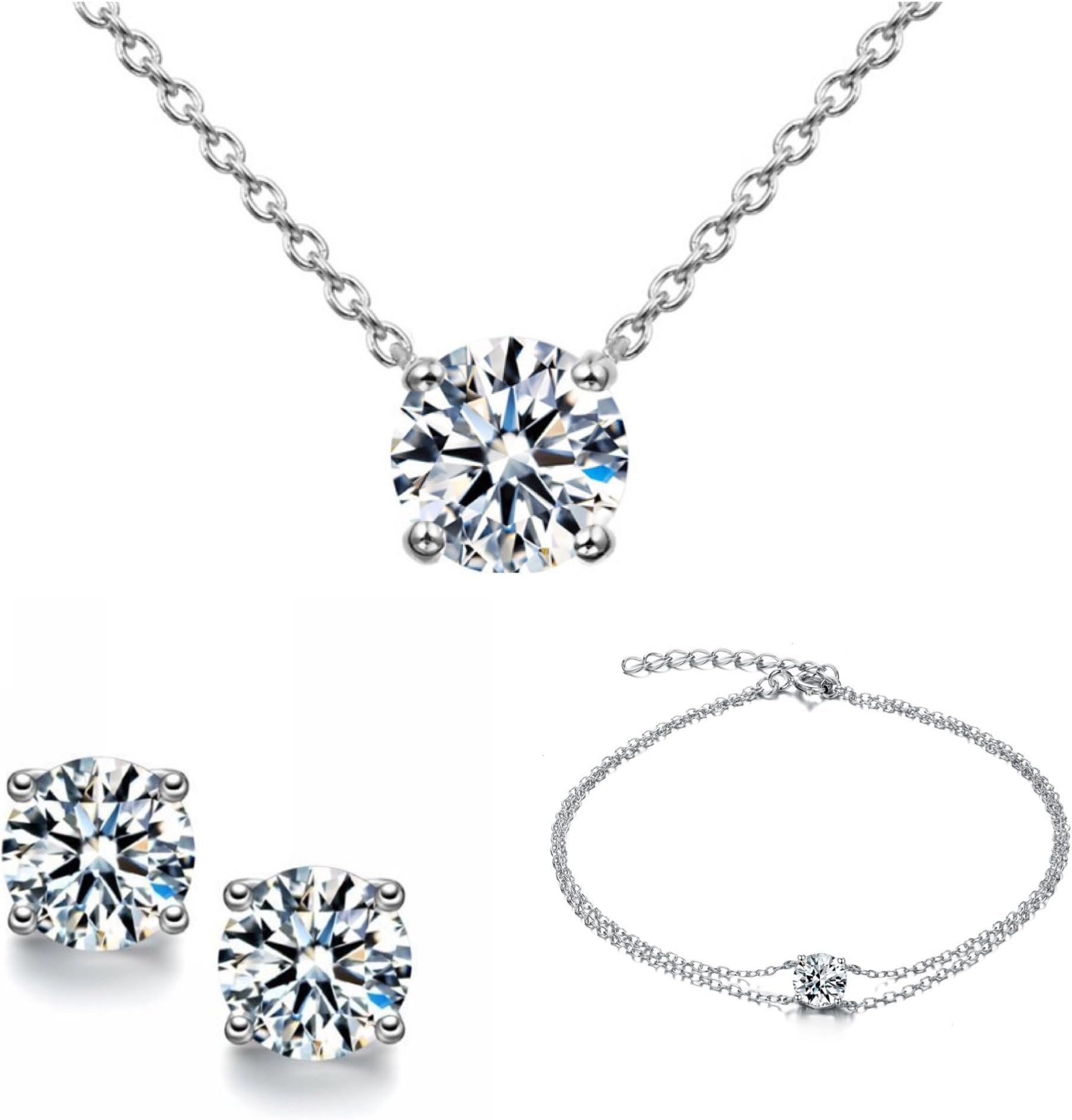 Jewellery Set Women Beautiful 925 Silver Solitaire Bracelet Matching Earrings and Matching Necklace Classic Jewellery Set Simple Friendship Bracelet