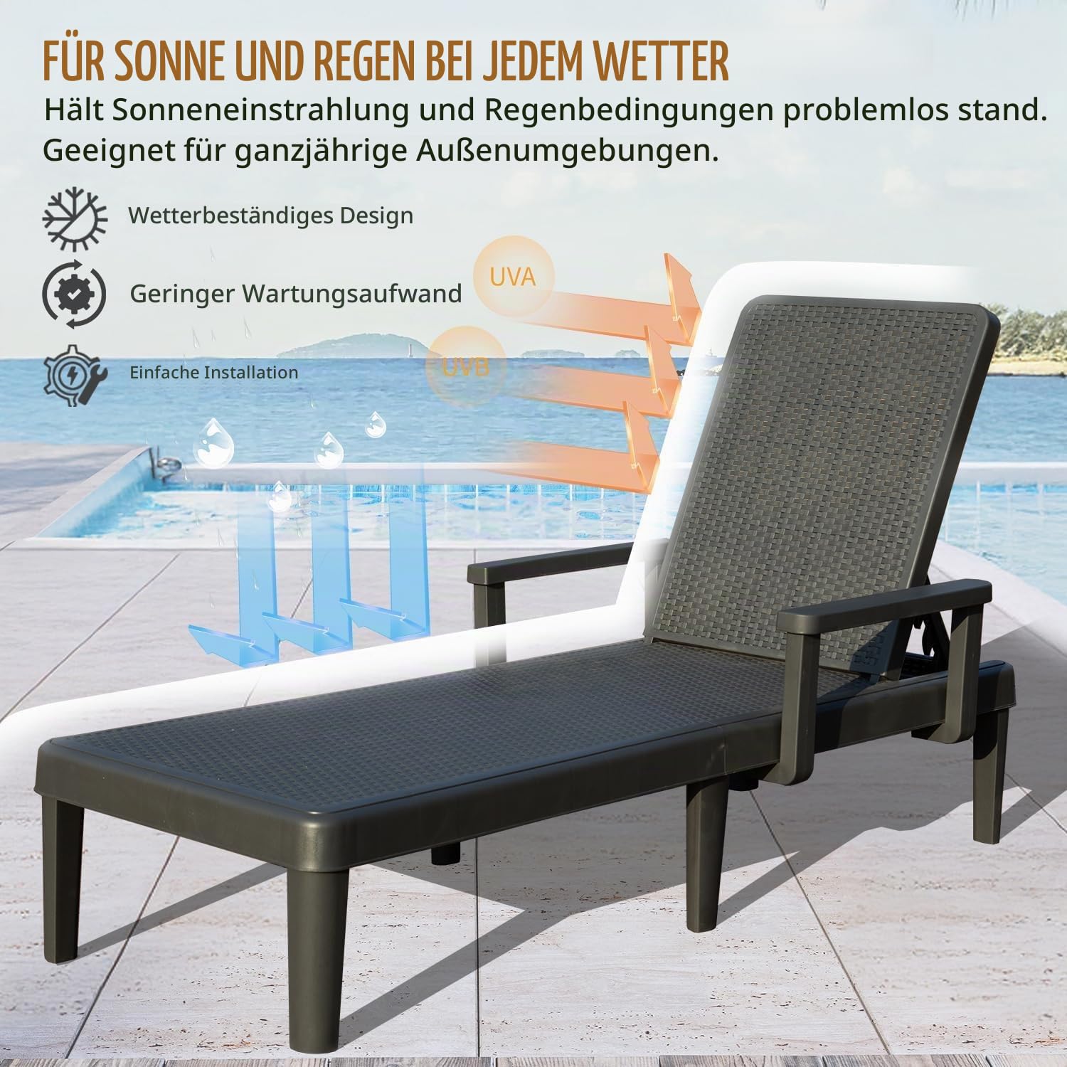 Generisch Domi Sonnenliege, 2er-Set – Gartenliegen mit 6-Fach Verstellbarer Rückenlehne und Armlehnen, wasserfeste Kunstharz-Liegen, geeignet für Pool, Terrasse, Garten und Balkon, Grau