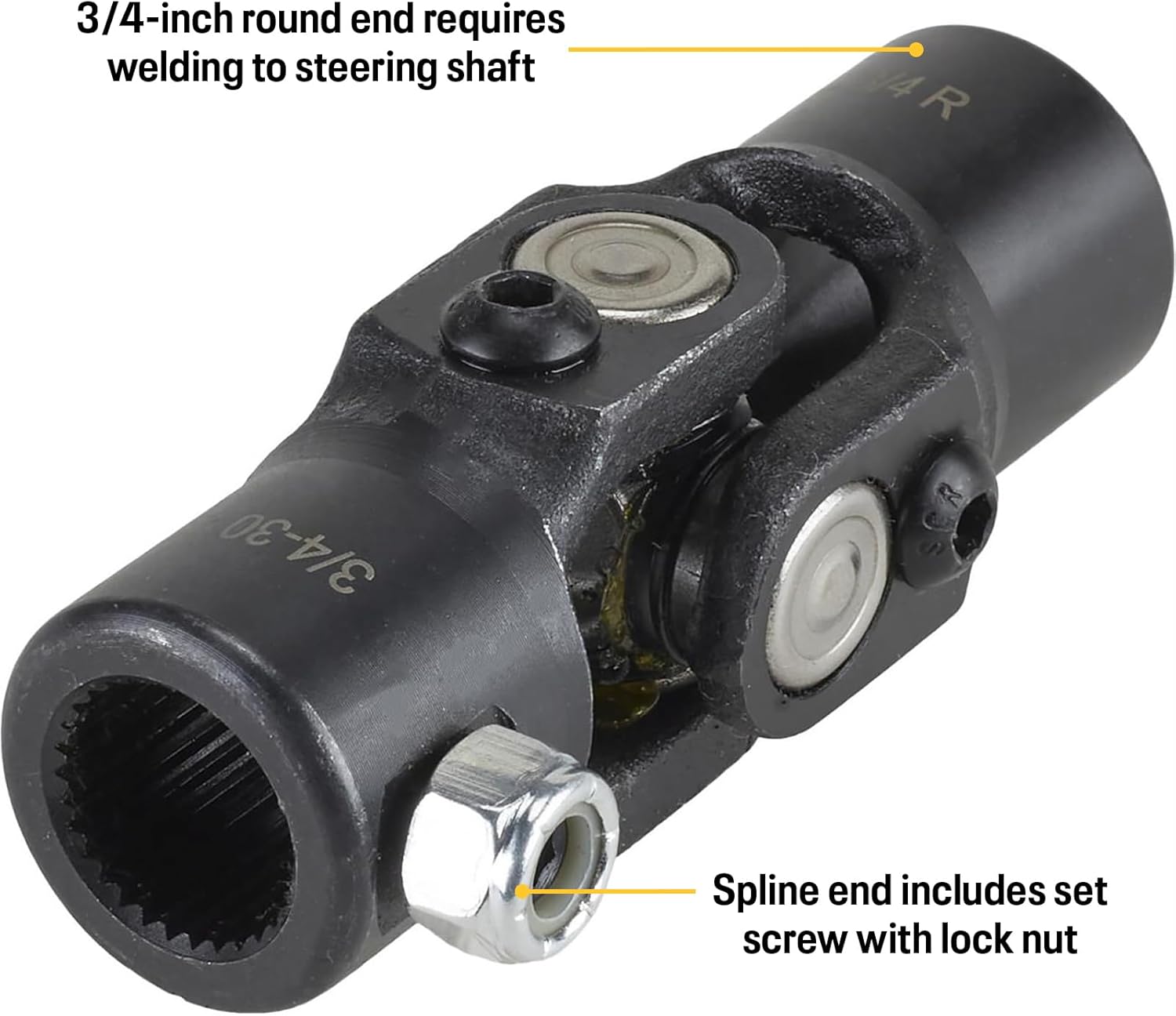Speedway Motors Small GM Power Steering U-Joint, 1978-Up 3/4-30 Spline to 3/4 Round Forged Steel Steering Shaft Coupler with Black Oxide Finish